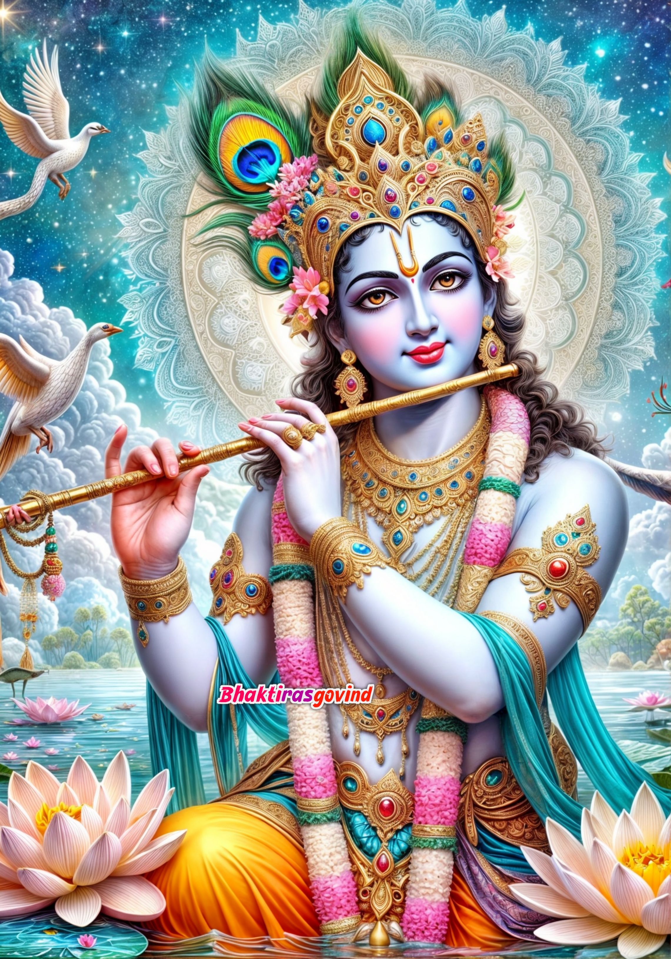 Lord Krishna playing a flute peacefully