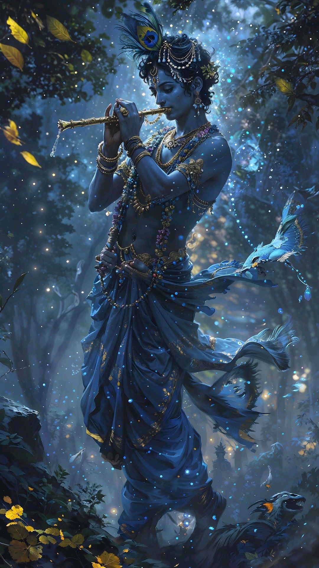 Lord Krishna playing the flute in forest
