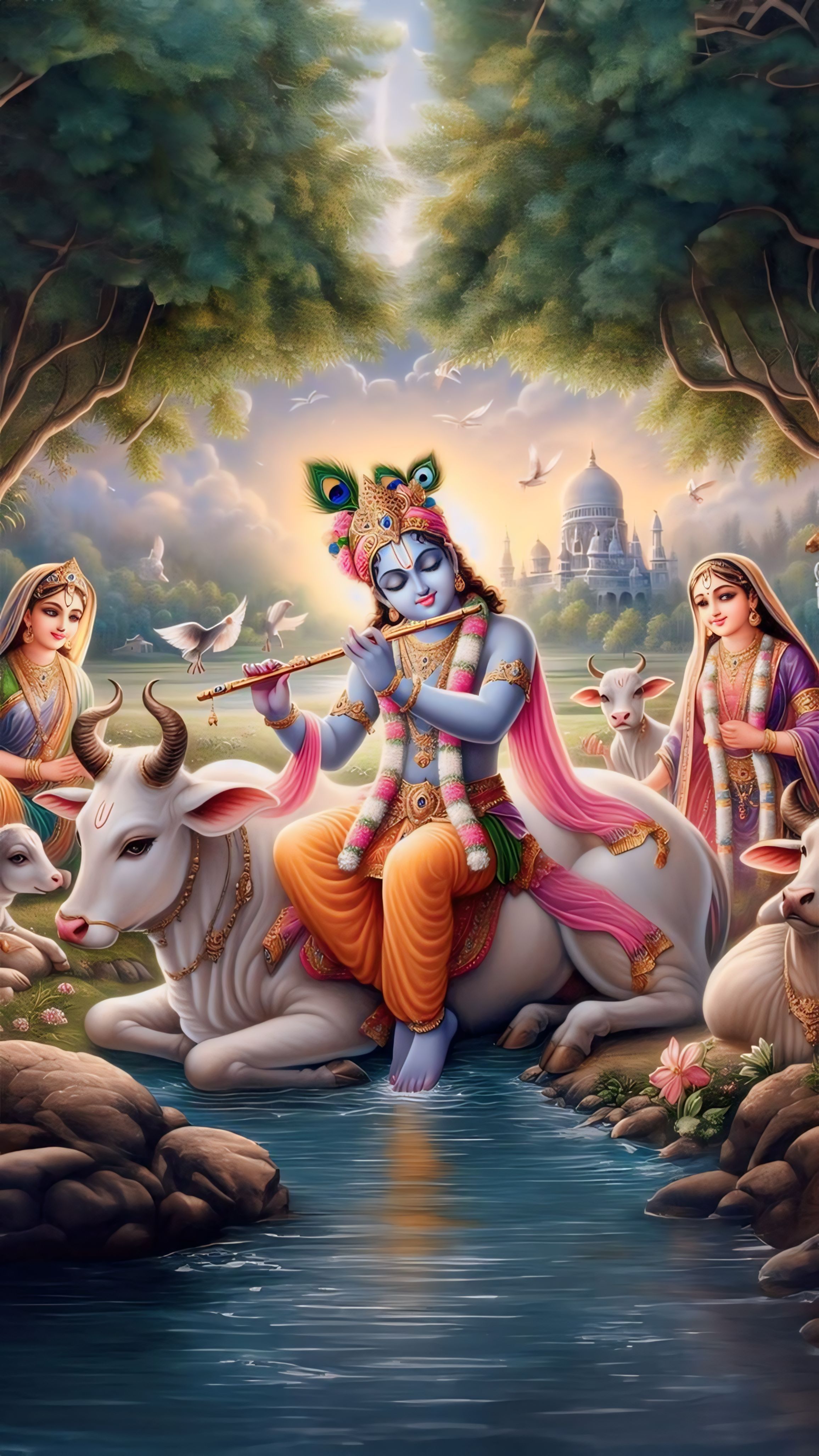 Krishna plays flute in Brindavan forest