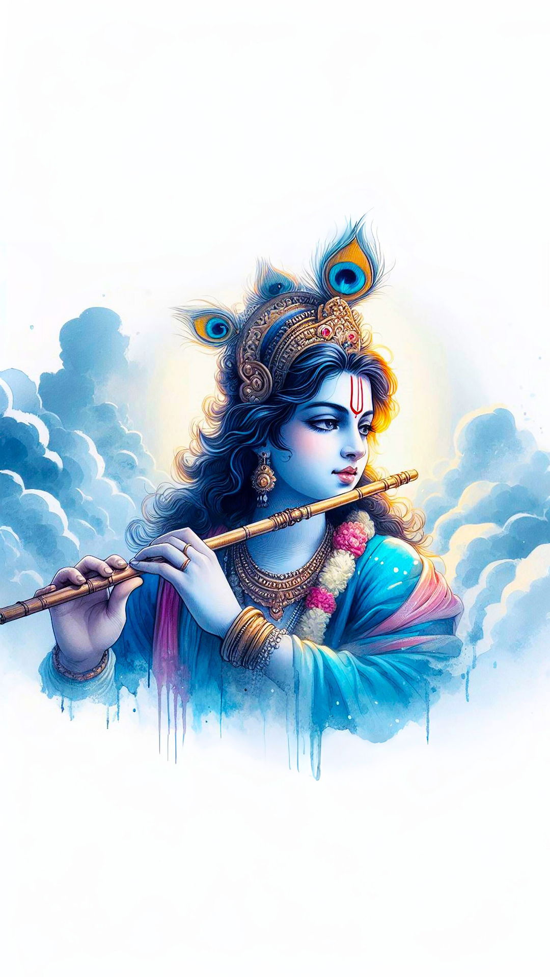 Krishna playing the flute in clouds