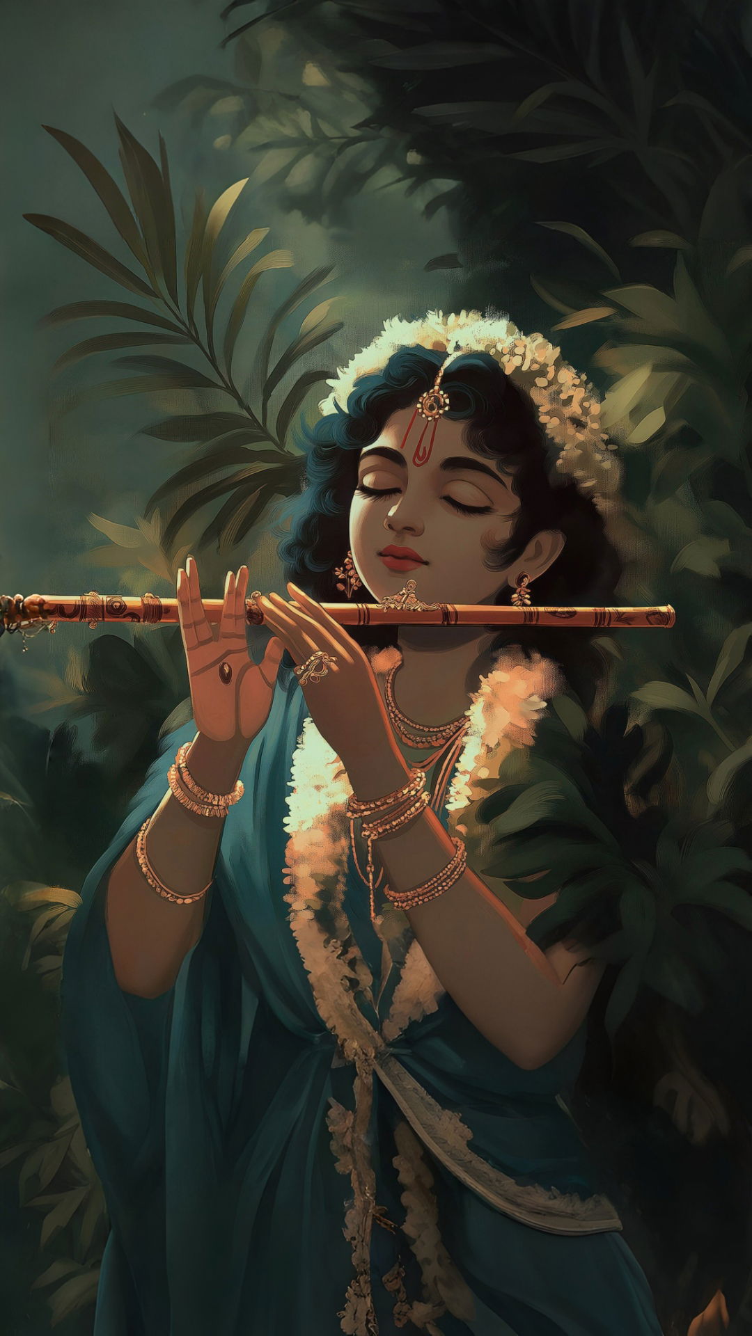 Krishna playing a flute in a garden