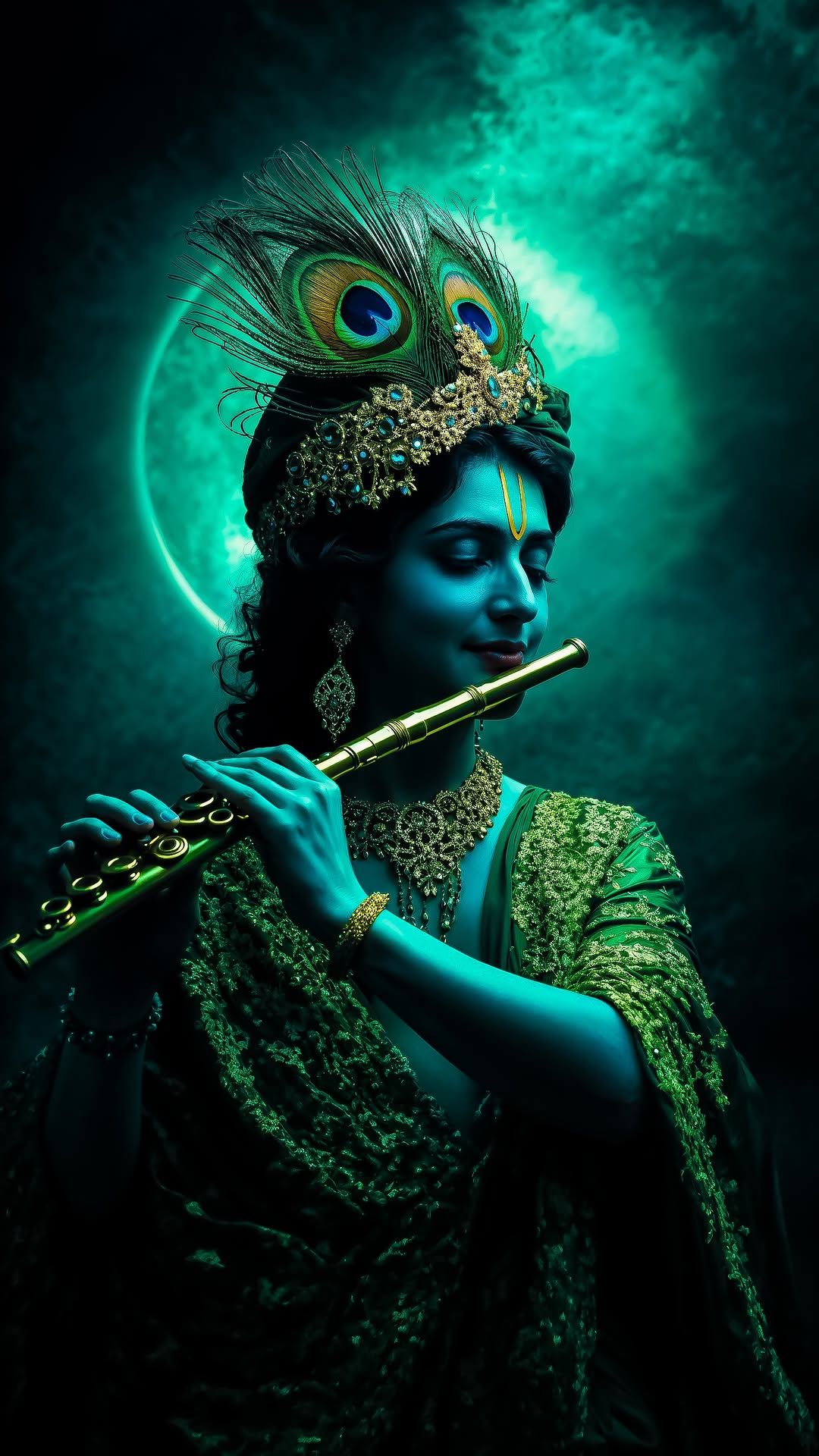 Krishna playing flute with peacock feather