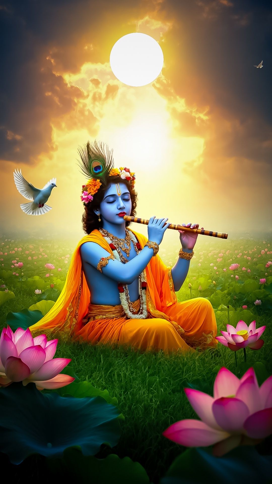 Krishna playing flute amidst lotus flowers