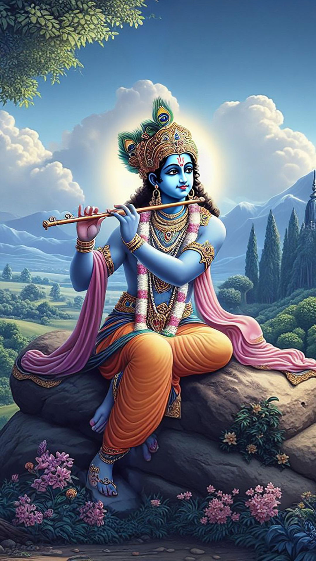 Lord Krishna playing a flute in nature.