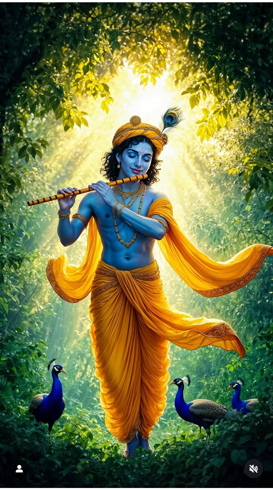 Krishna playing flute in forest
