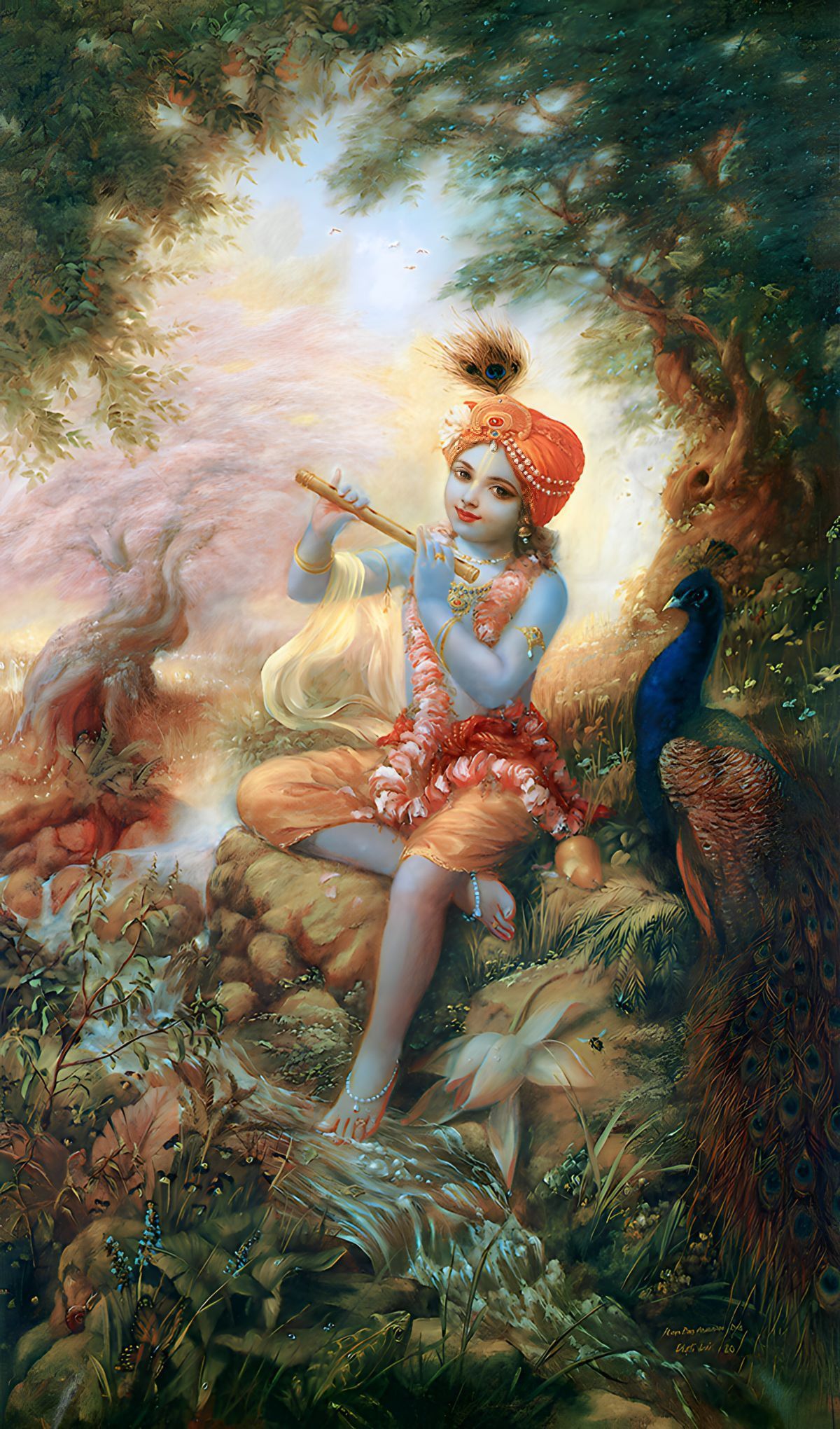 Krishna playing flute in Vrindavan forest
