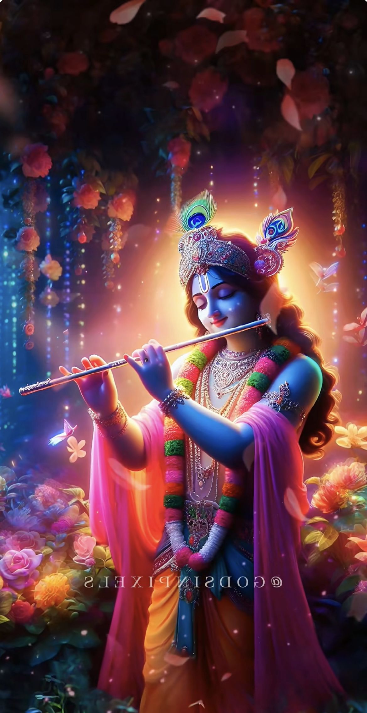 Krishna playing flute in vibrant garden