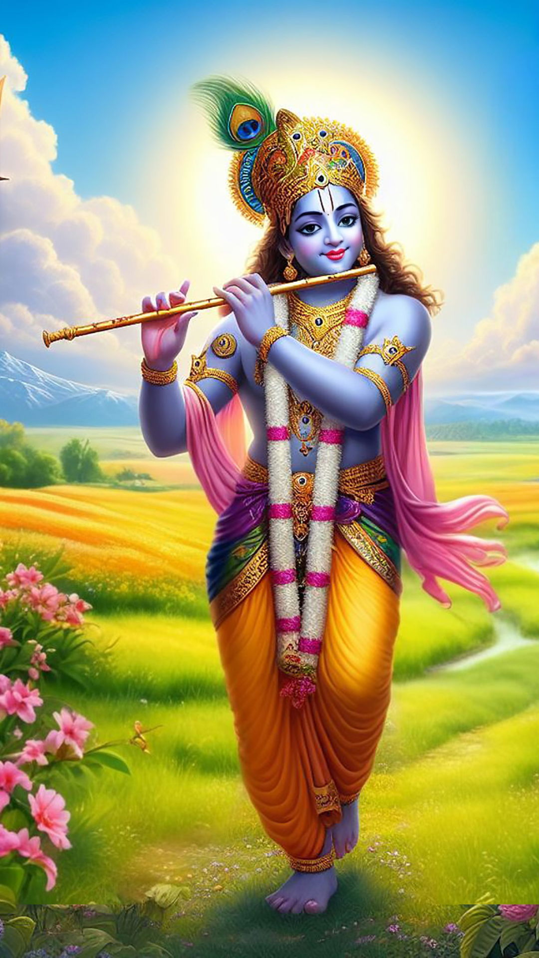 Krishna playing flute in Vrindavan fields