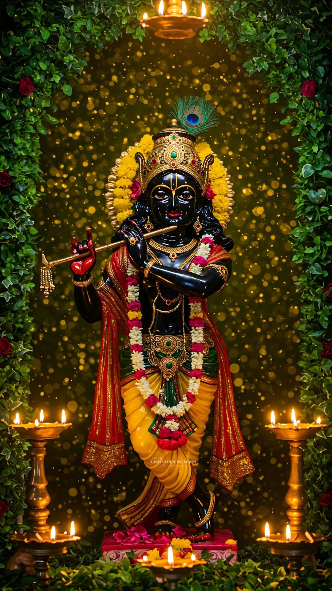 Lord Krishna playing the flute peacefully.