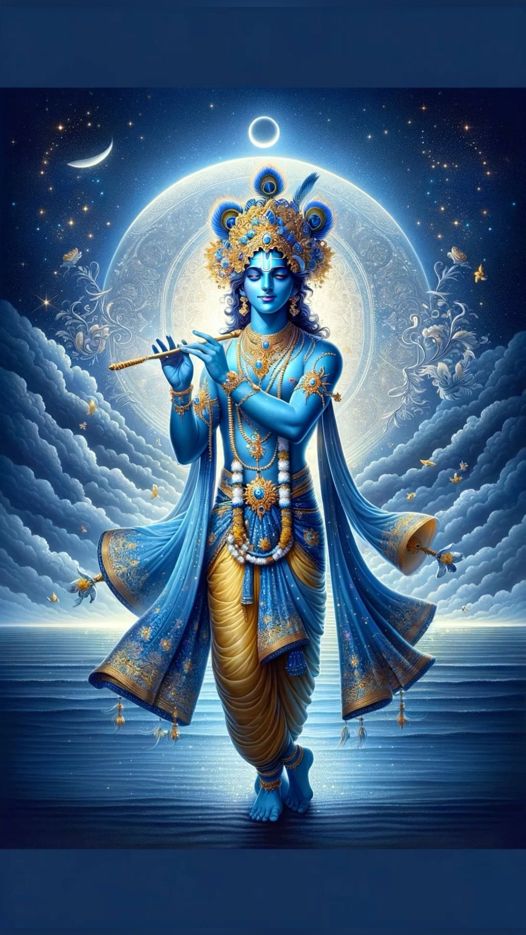 Lord Krishna playing the flute under moonlight