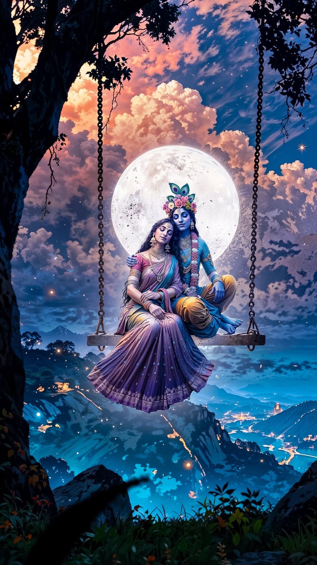 Krishna and Radha on a moonlit swing