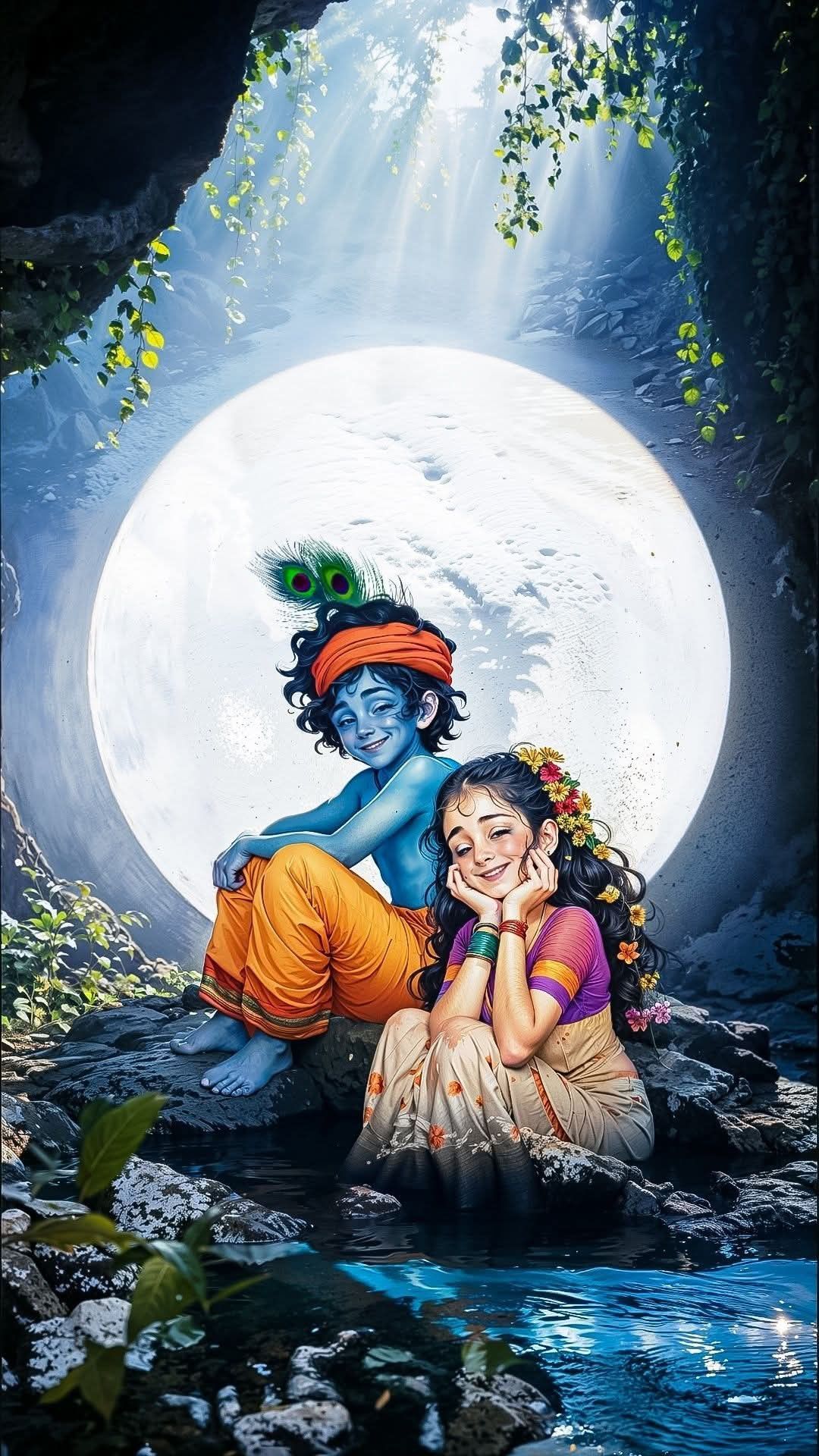 Krishna and Radha under full moon