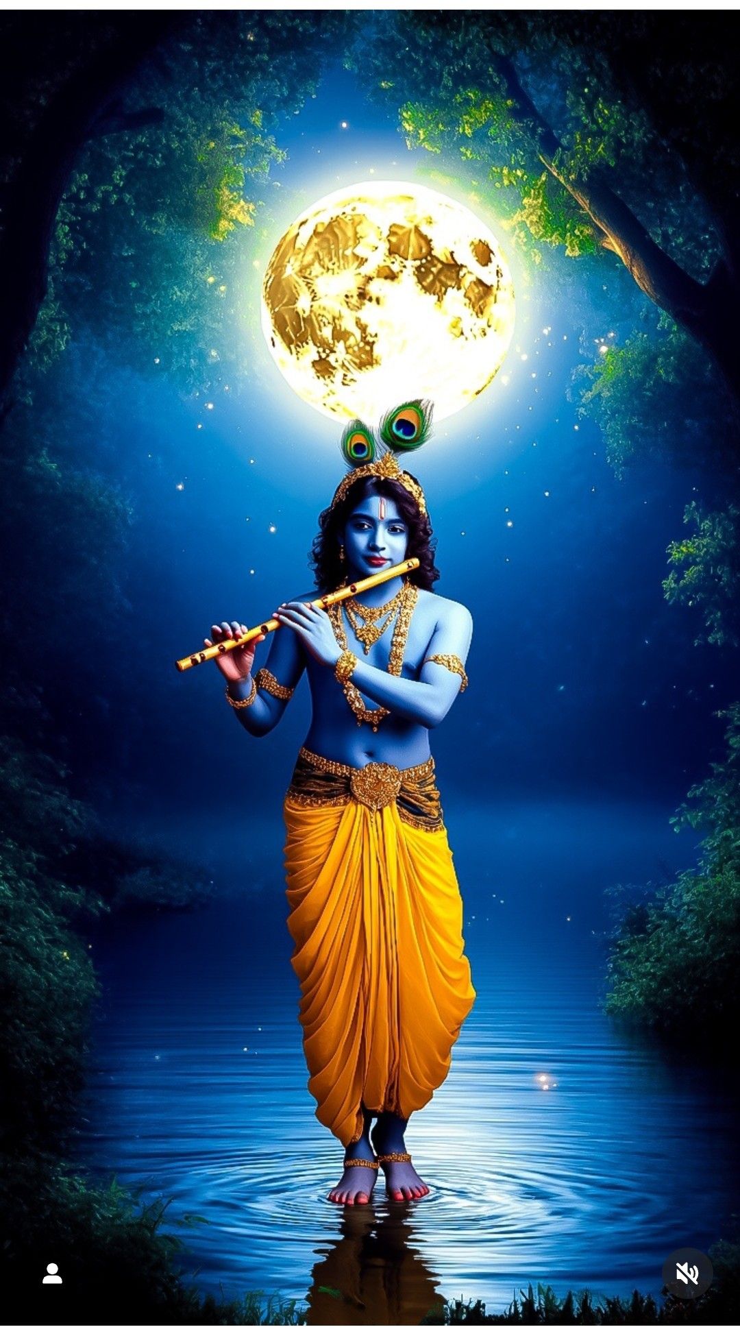 Krishna playing flute under full moon