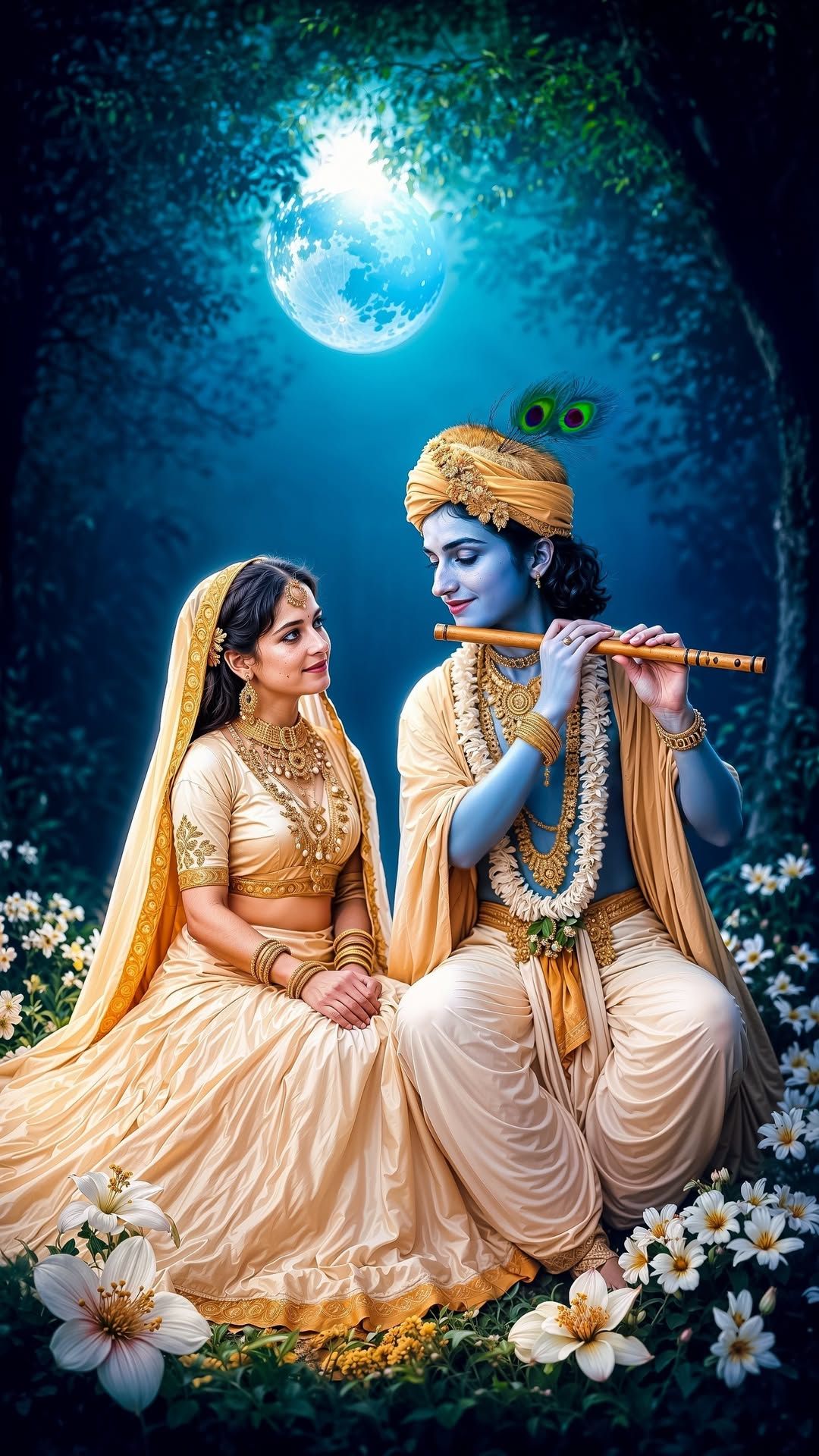 Krishna and Radha under moonlight.