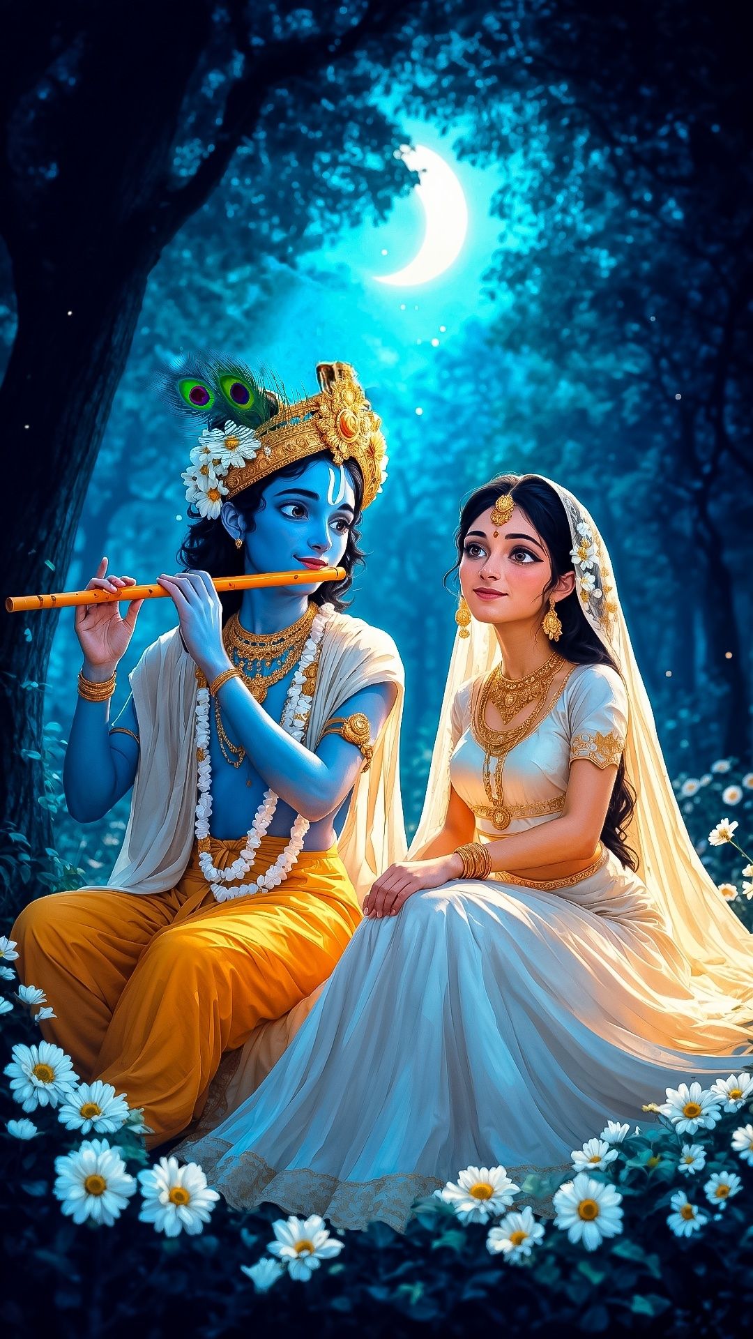 Krishna and Radha in moonlit forest
