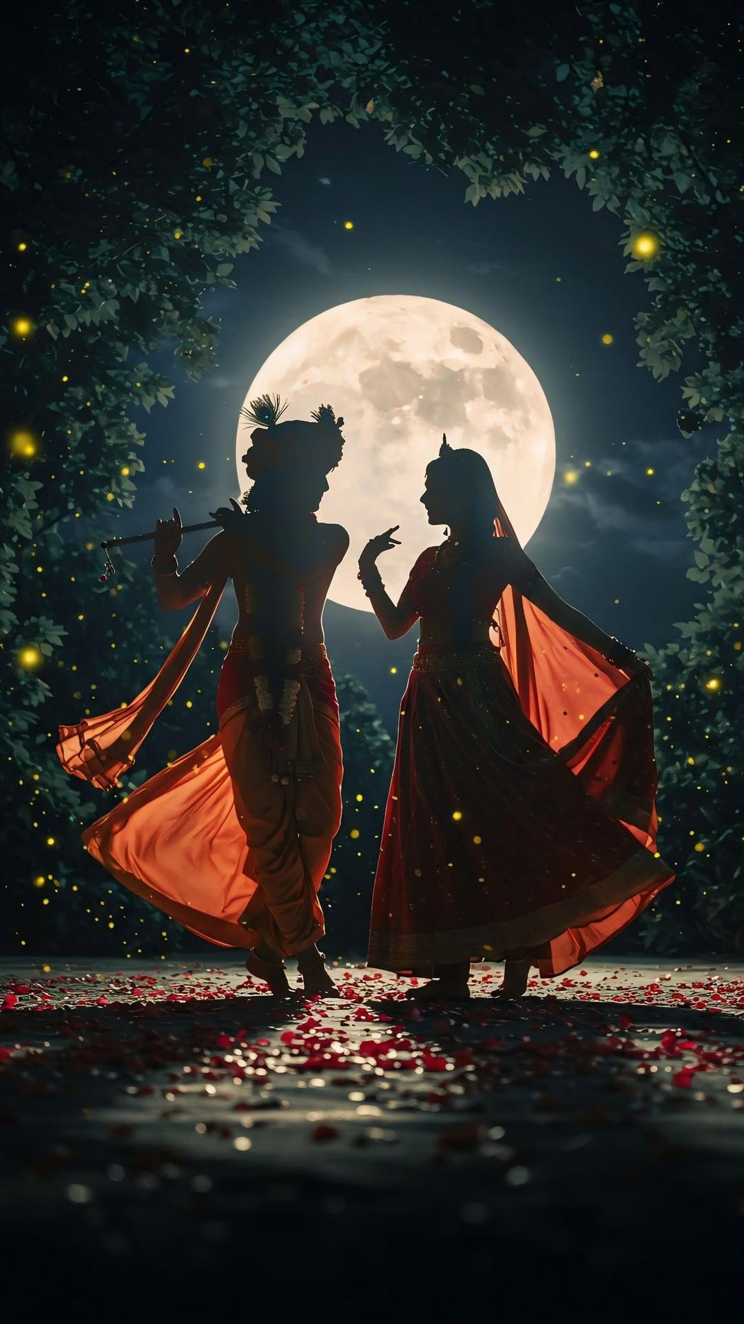 Krishna and Radha dancing under moonlight
