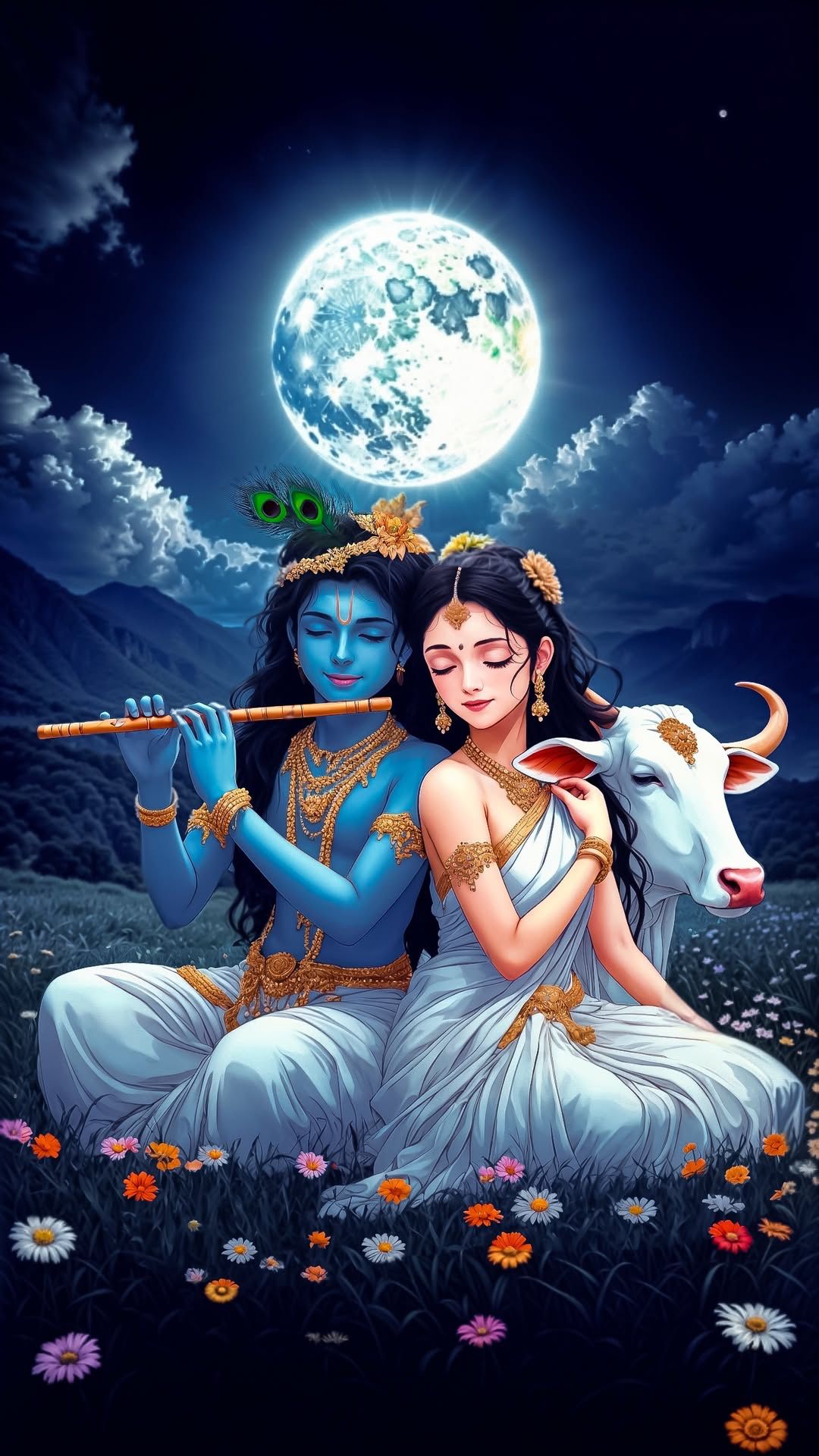 Krishna and Radha under moonlight
