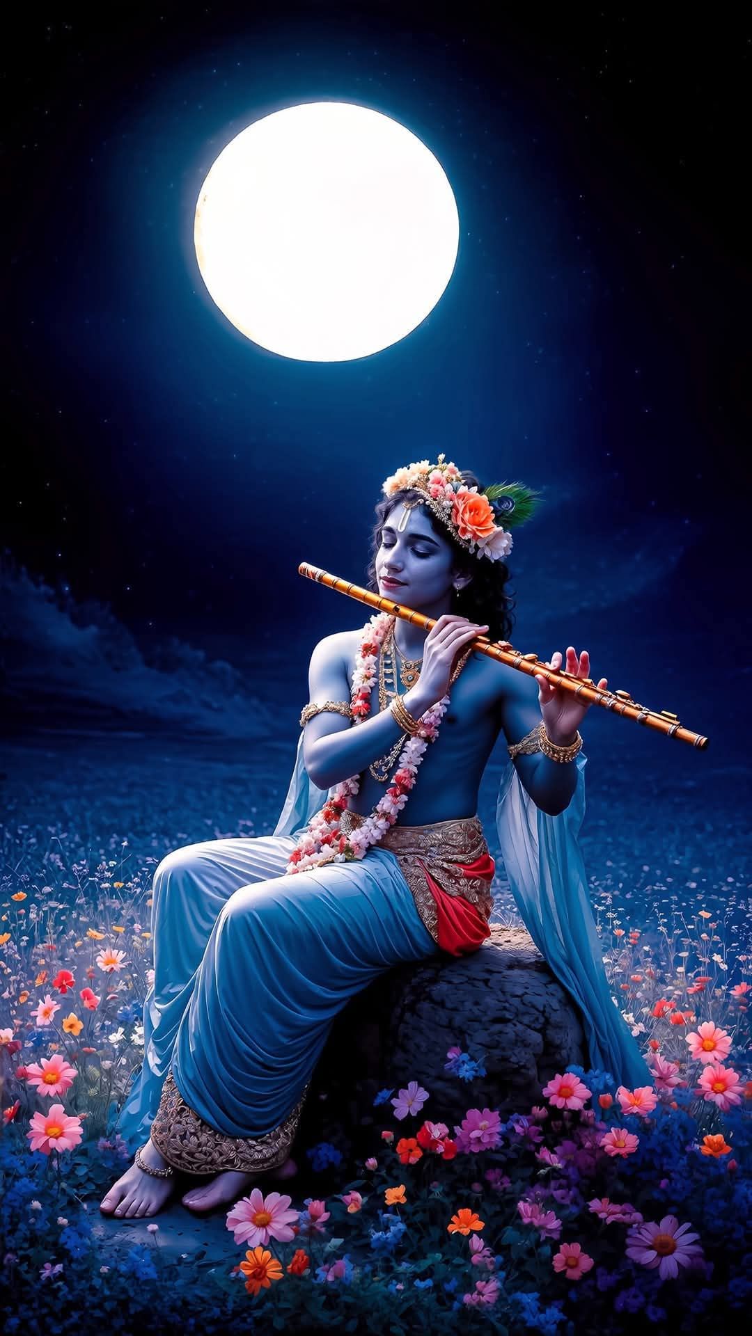 Krishna playing flute under full moon