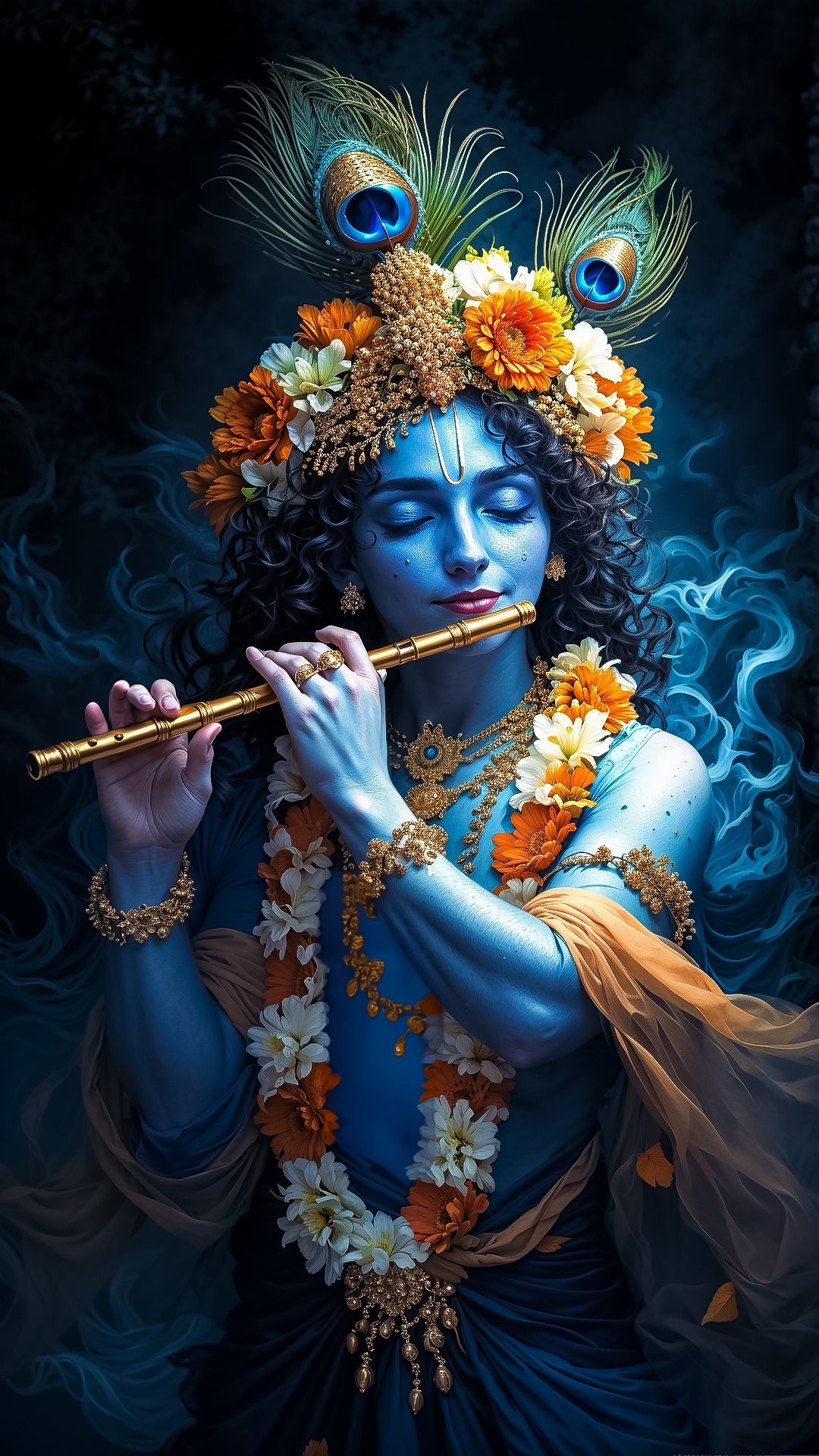 Krishna playing flute with peacock feather