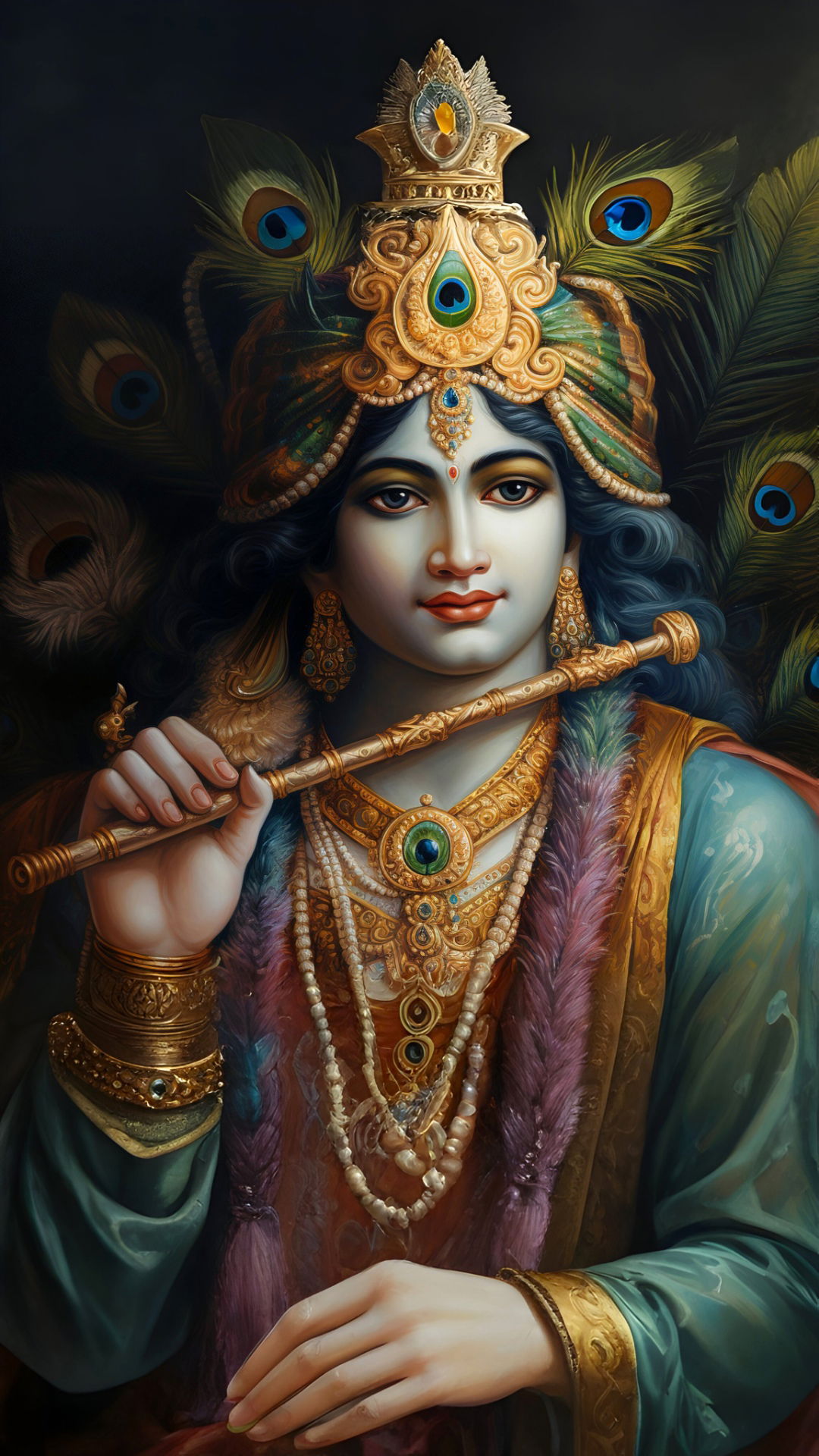 Krishna playing flute, peacock feather crown