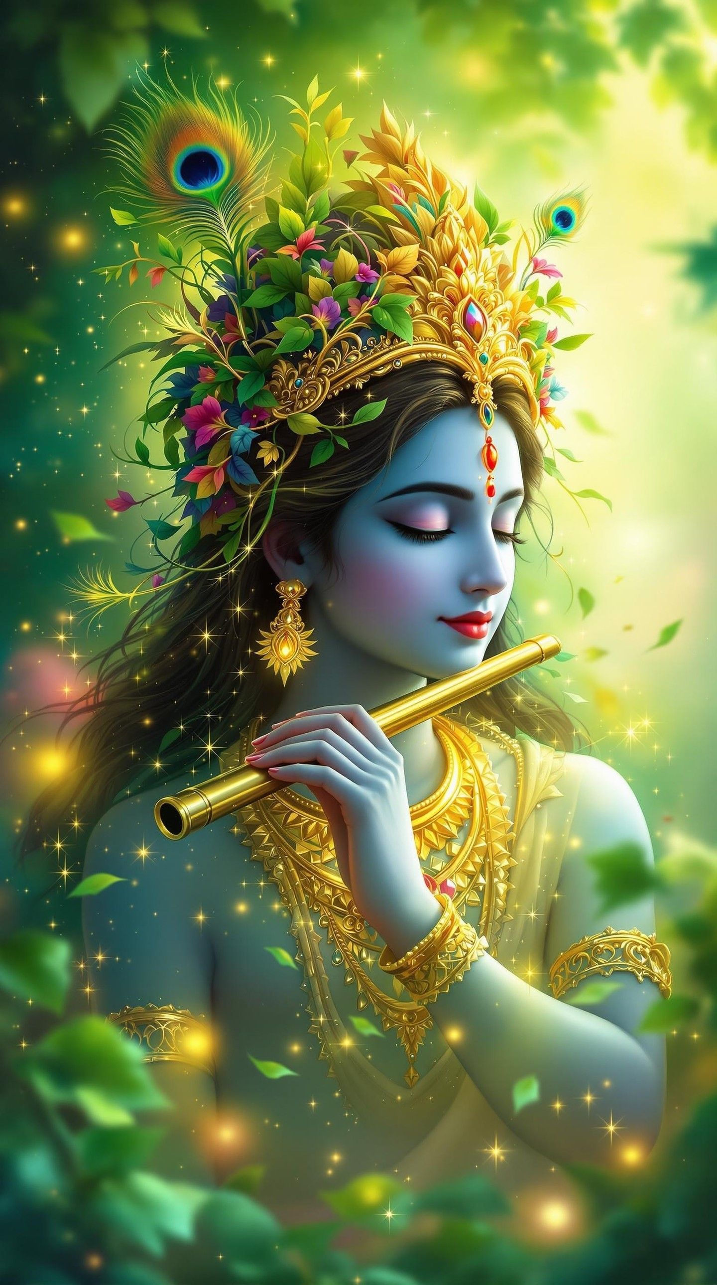 Krishna playing flute with peacock crown