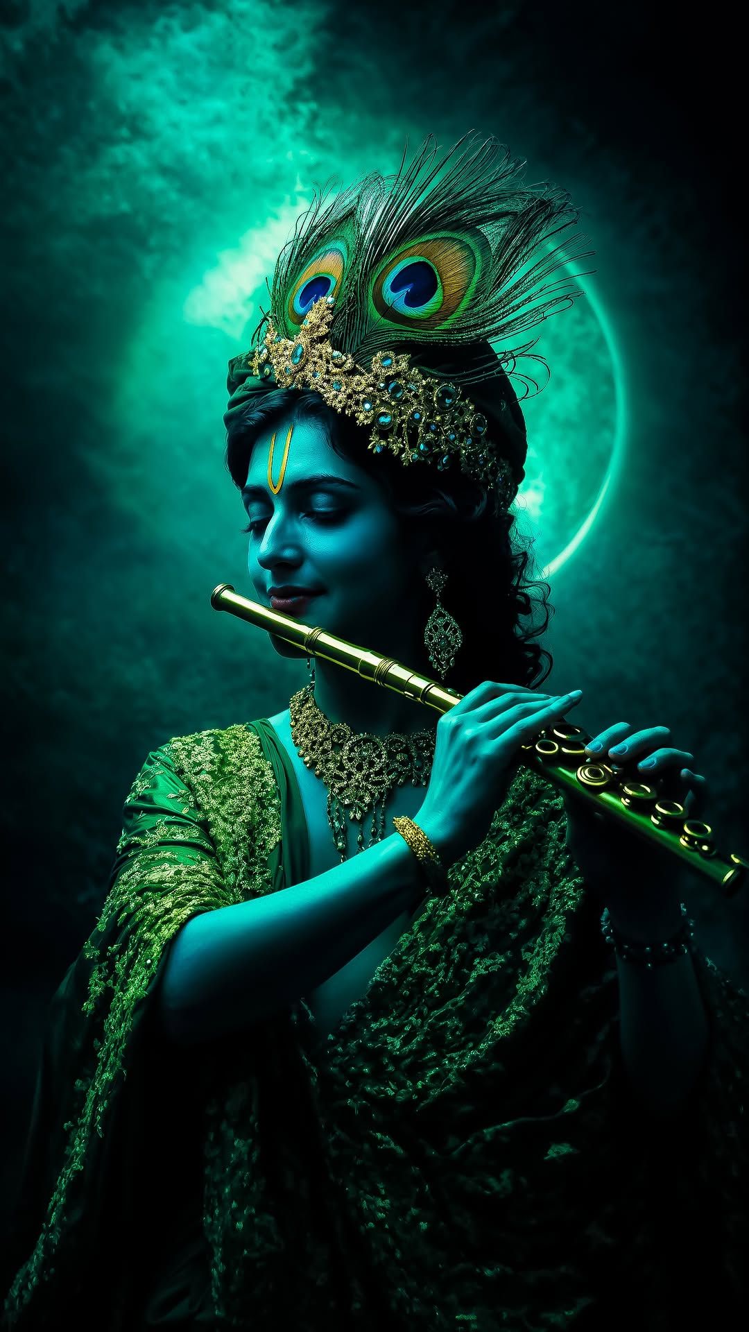 Krishna playing flute with peacock feather