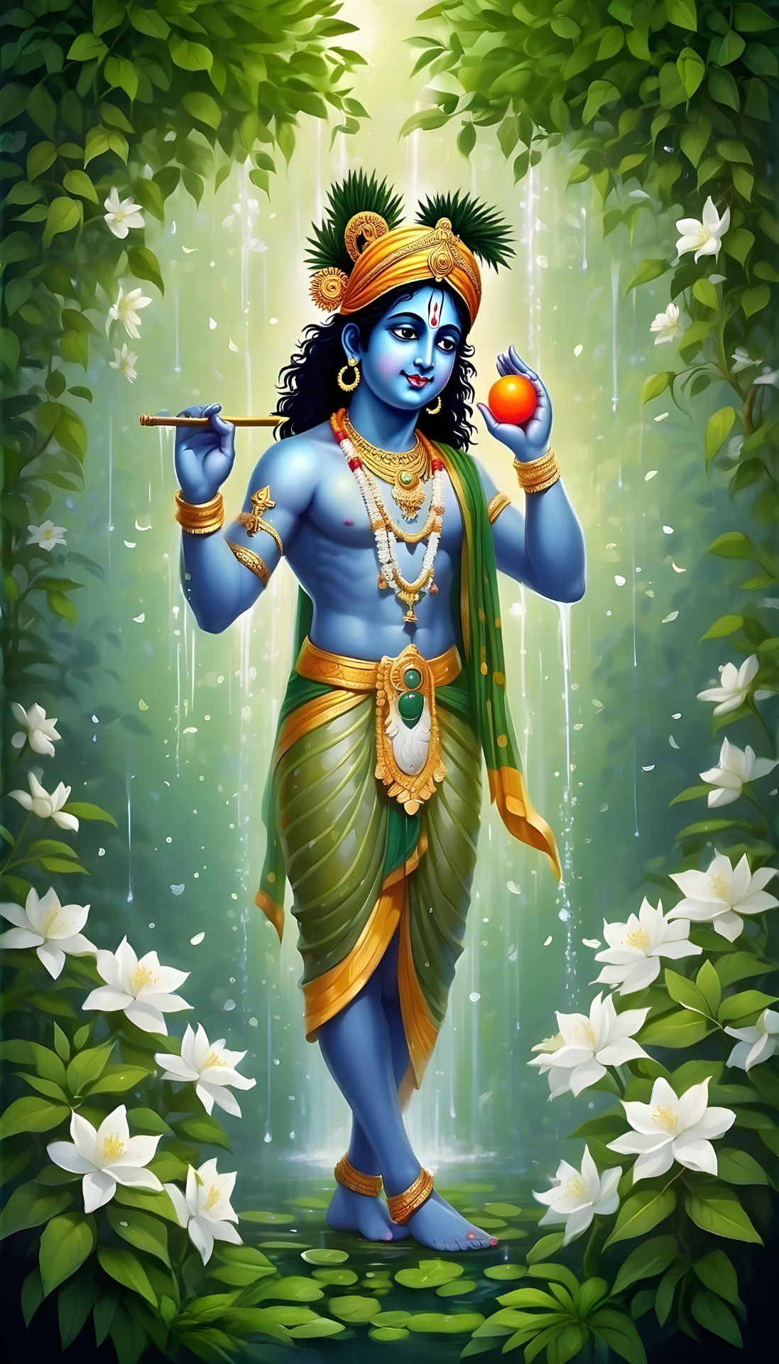 Krishna playing flute amidst flowers