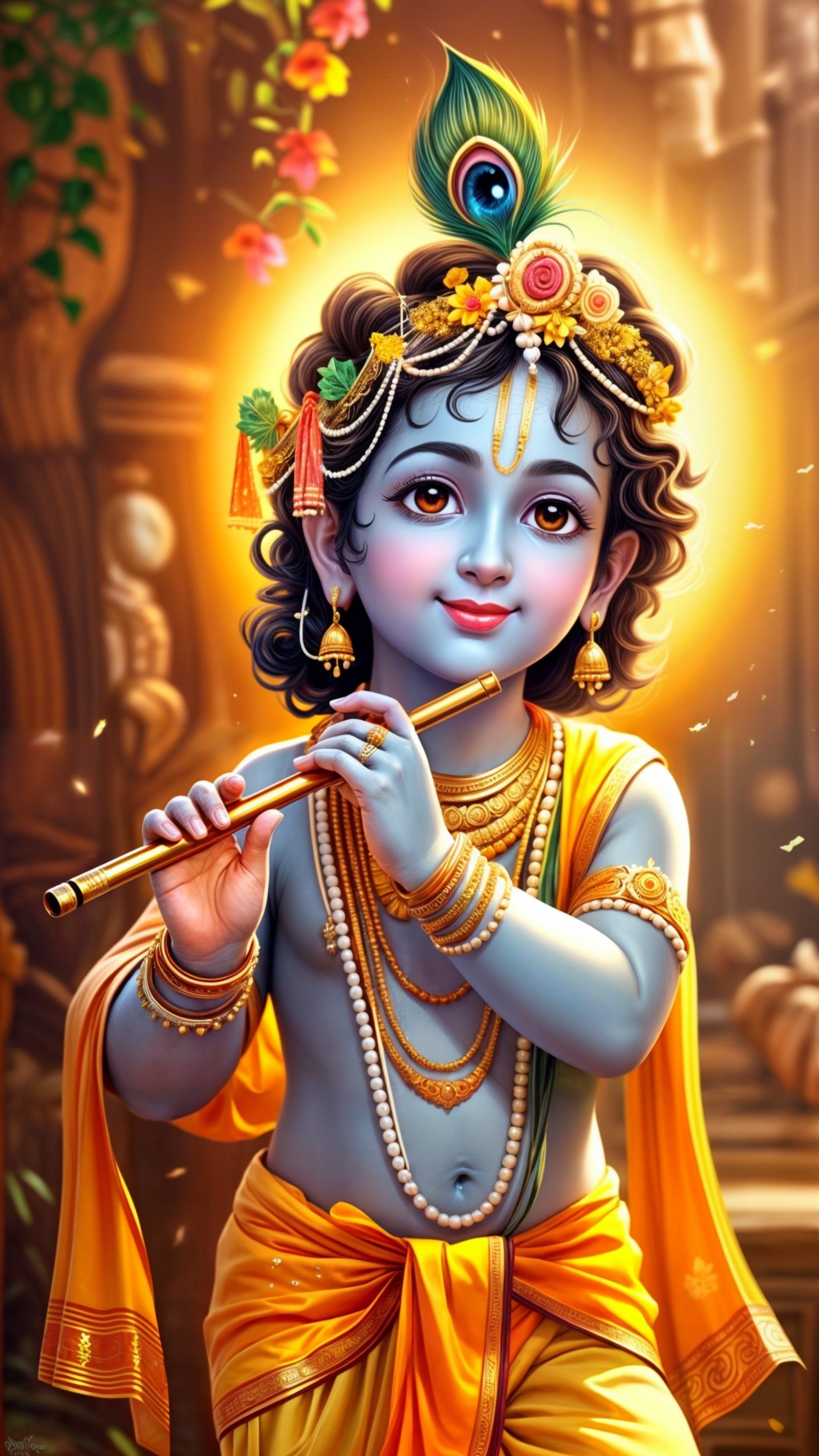 Baby Krishna playing a flute, divine portrait
