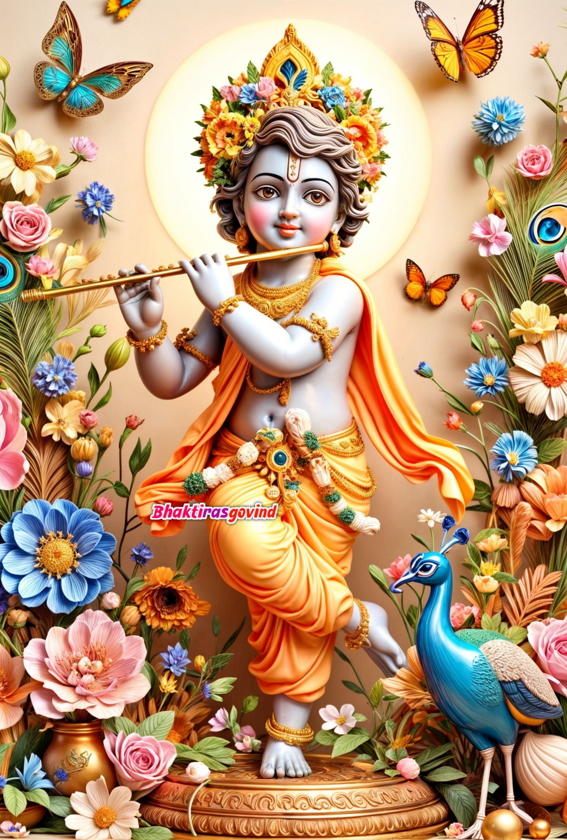 Krishna playing flute amidst flowers