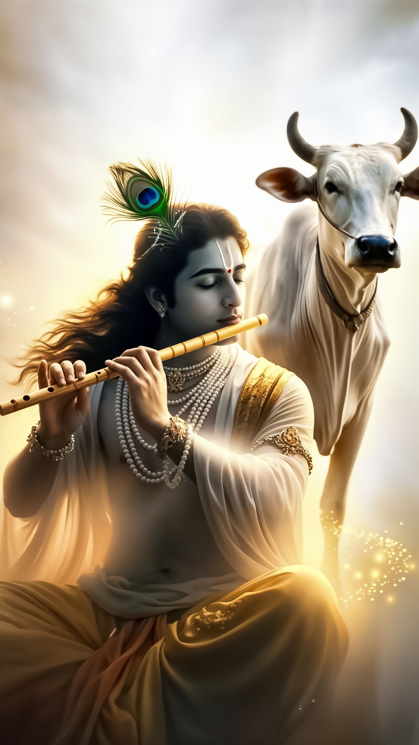 Krishna playing flute with a cow
