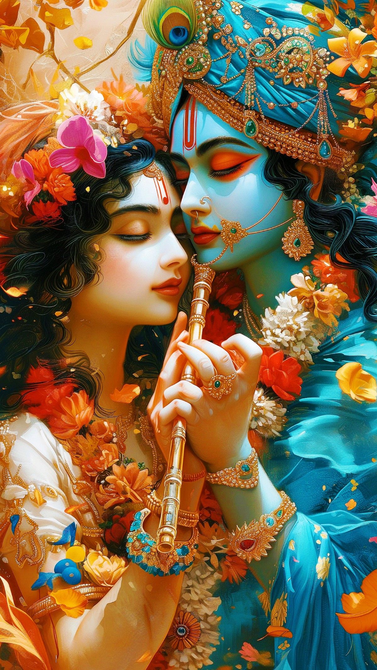 Krishna playing flute surrounded by flowers