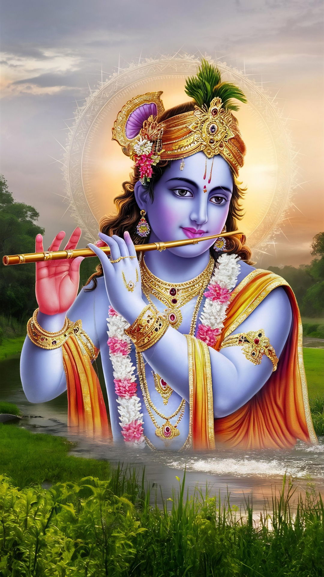 Krishna playing the flute in garden