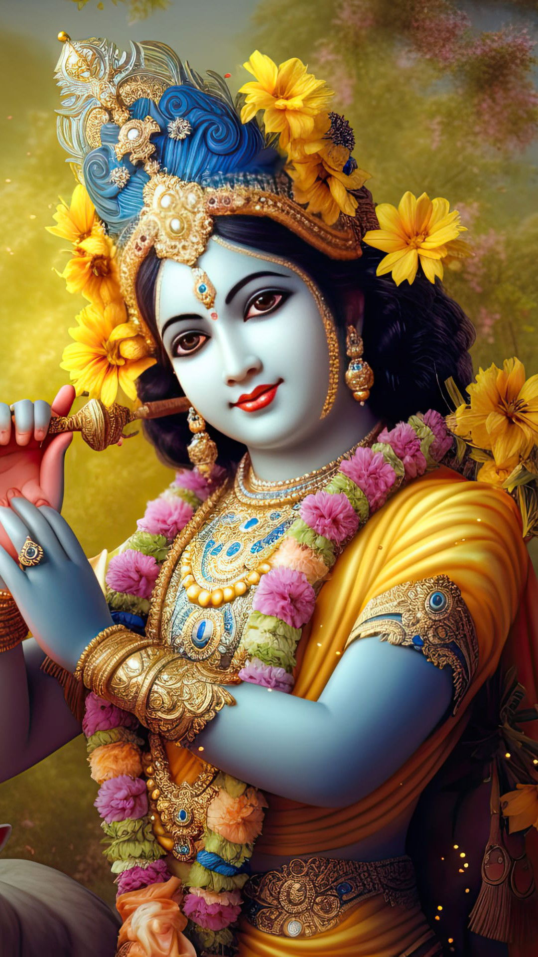 Lord Krishna playing flute surrounded by flowers