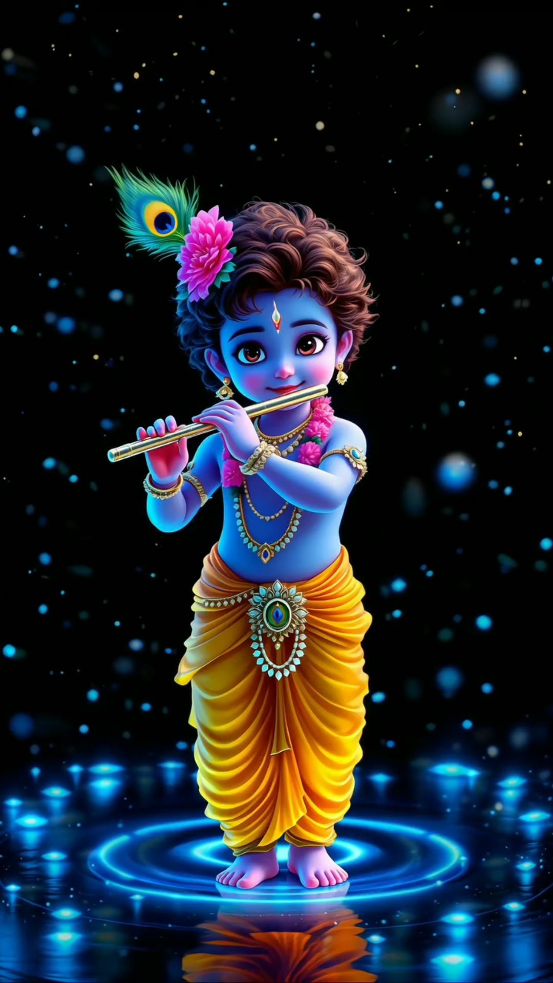 Baby Krishna playing a flute sweetly.
