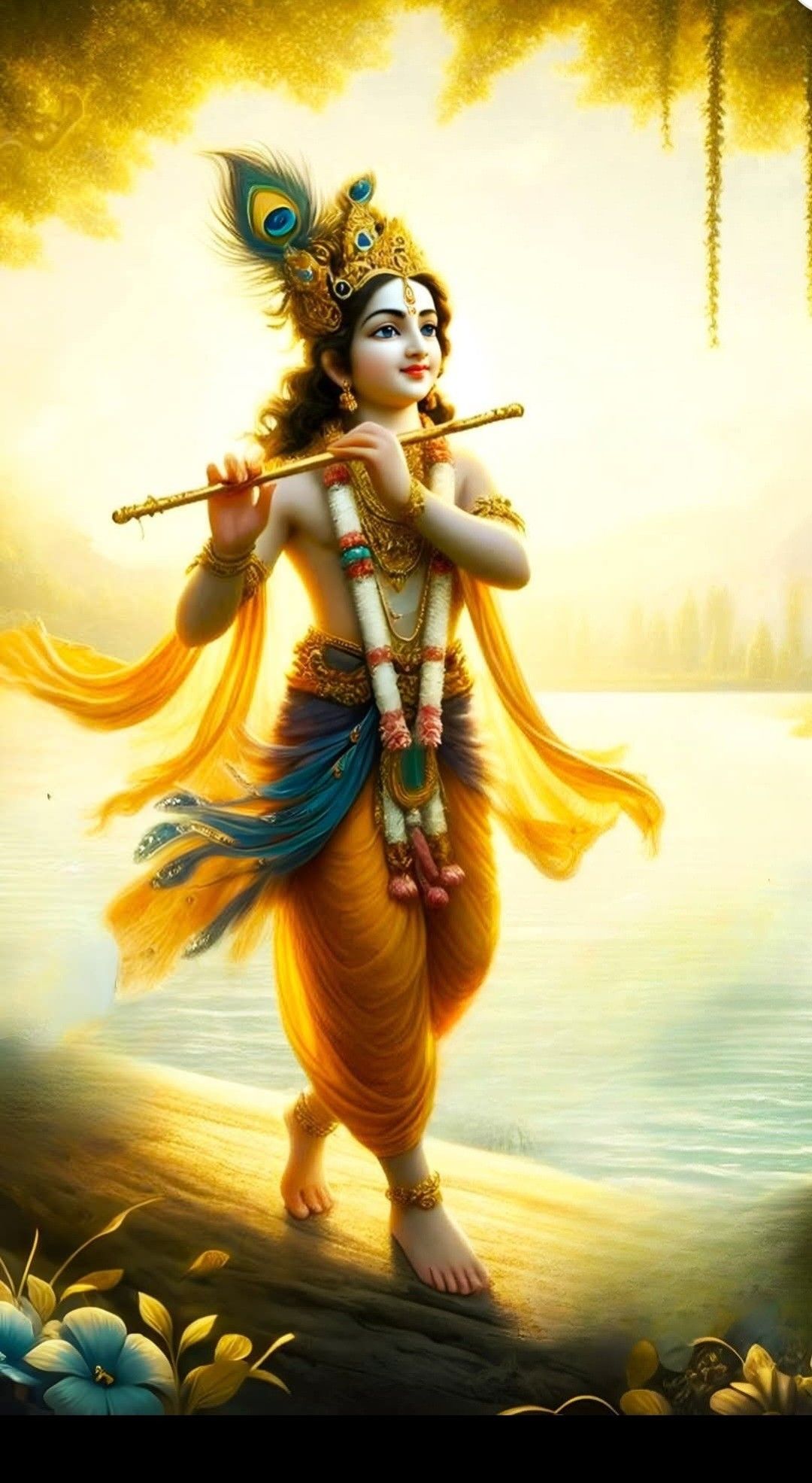 Krishna playing a flute by a lake
