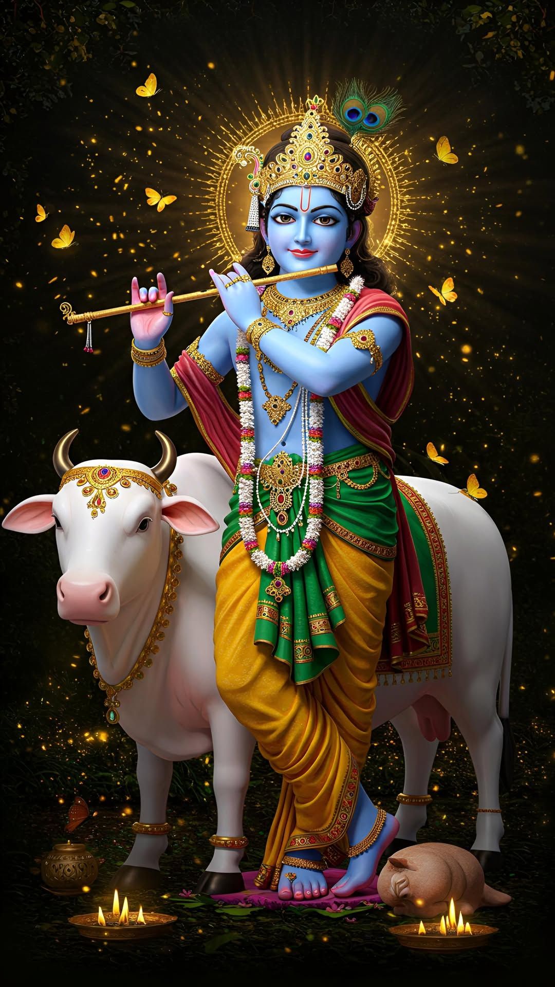 Krishna playing flute with a cow