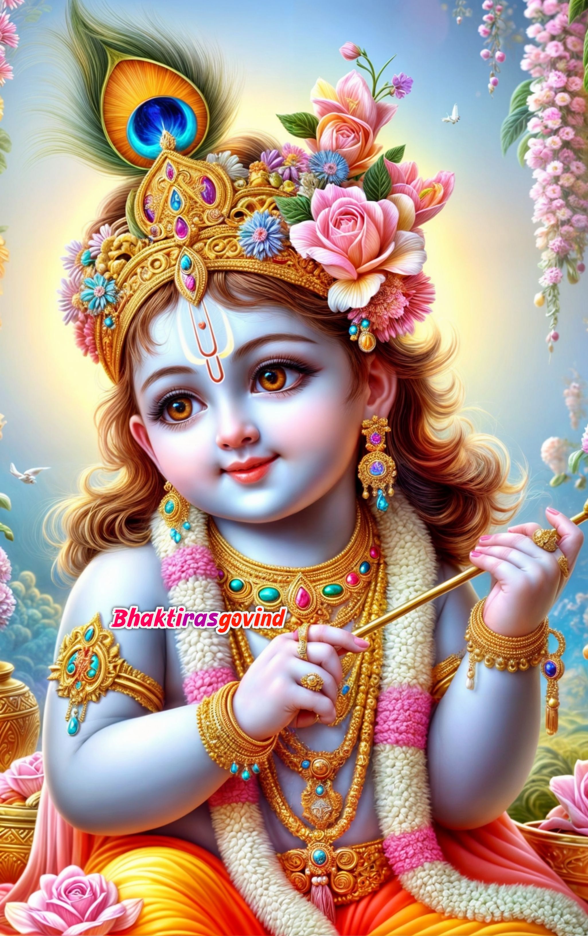 Child Krishna playing flute divine wallpaper
