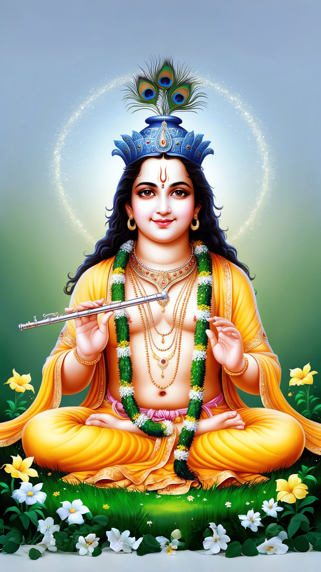 Krishna playing a flute in lotus pose