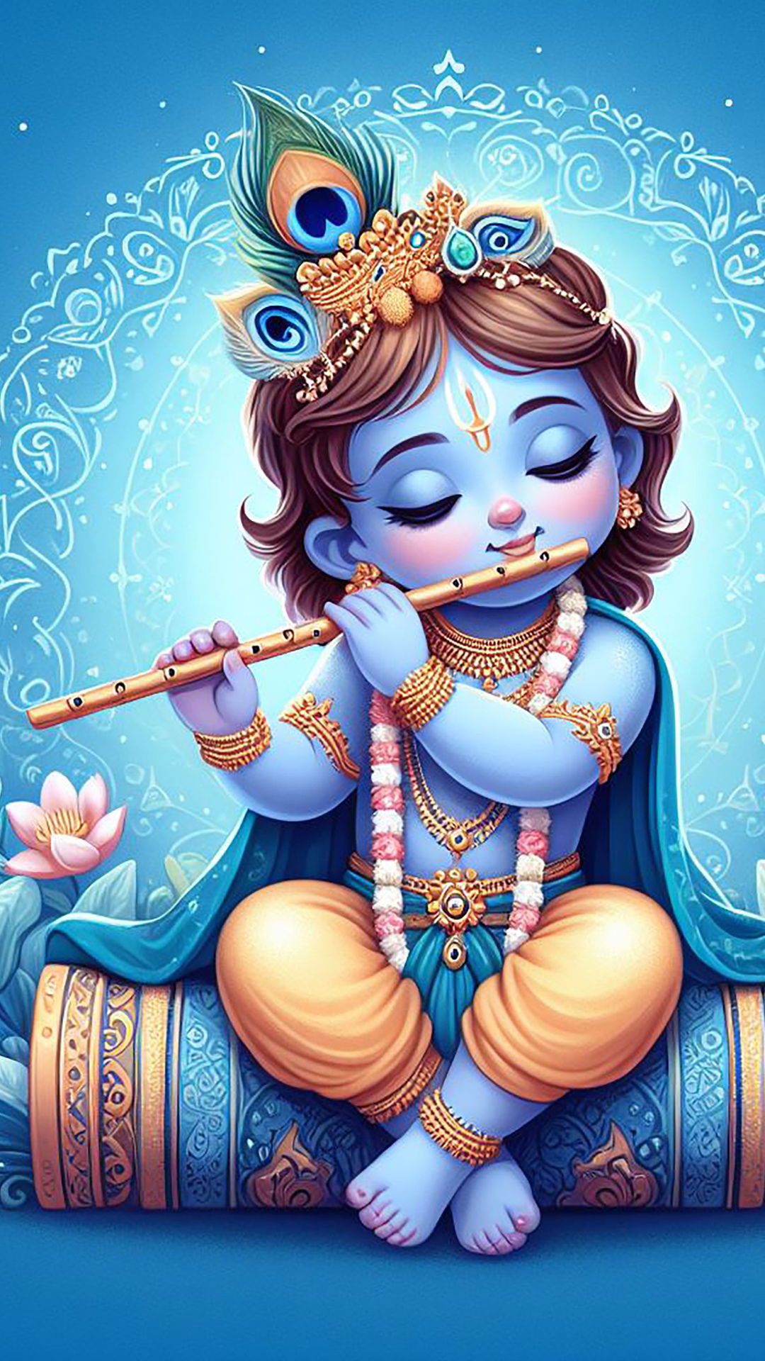 Baby Krishna playing a flute lovingly
