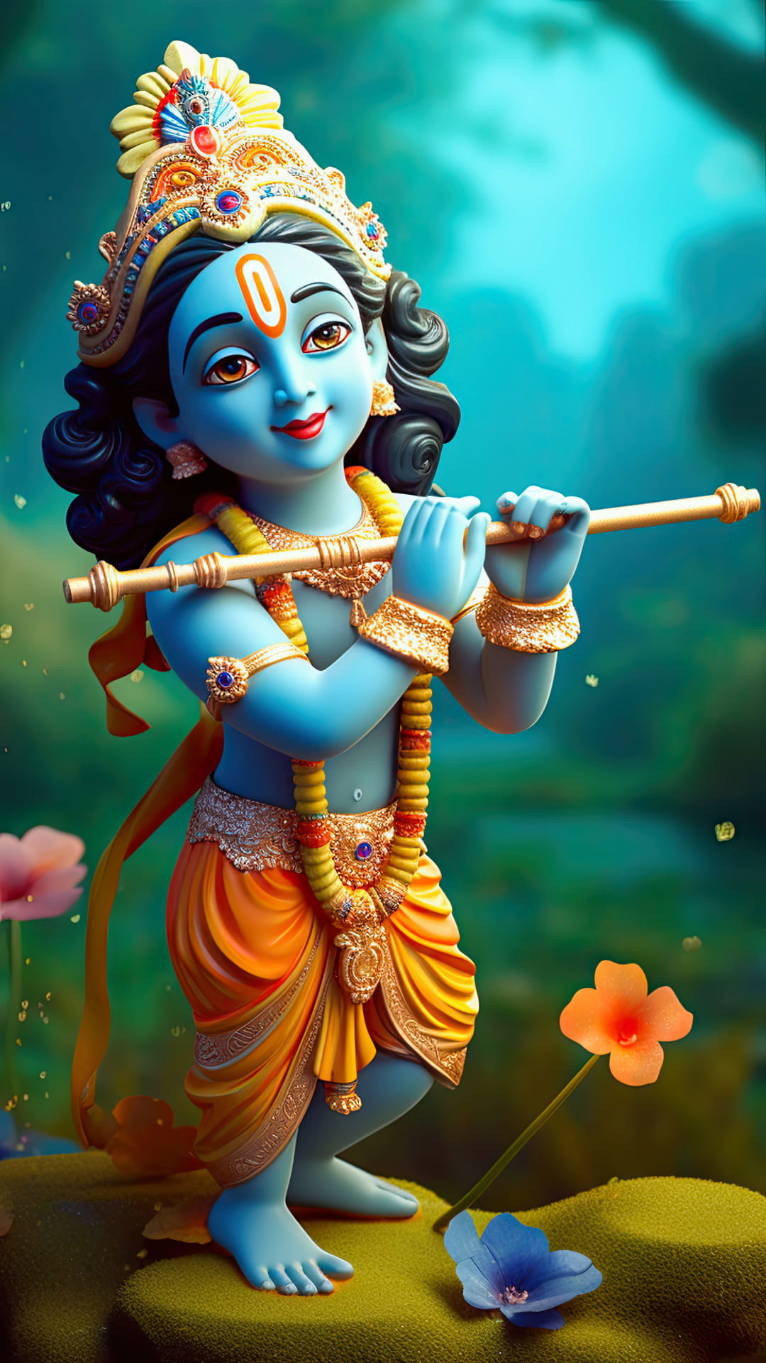 Young Krishna playing a flute cheerfully