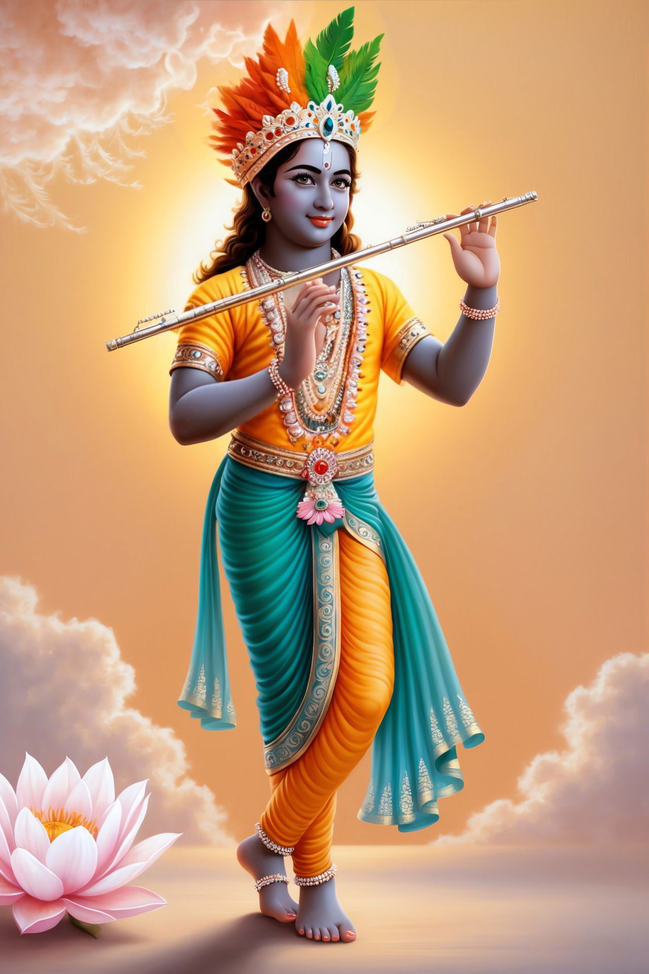 Krishna playing flute with lotus flower