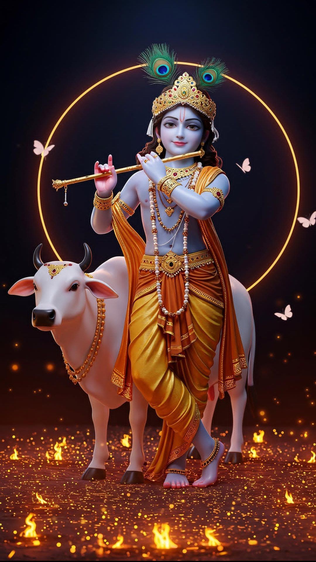 Lord Krishna playing flute with a cow