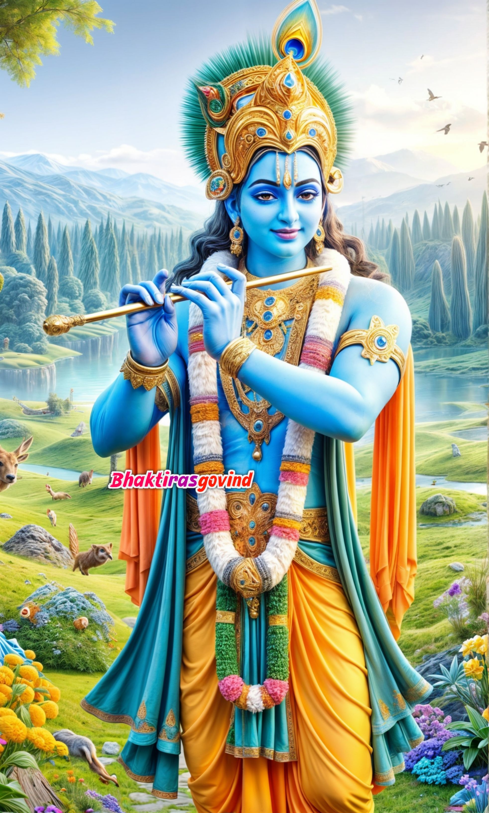 Krishna playing flute in forest