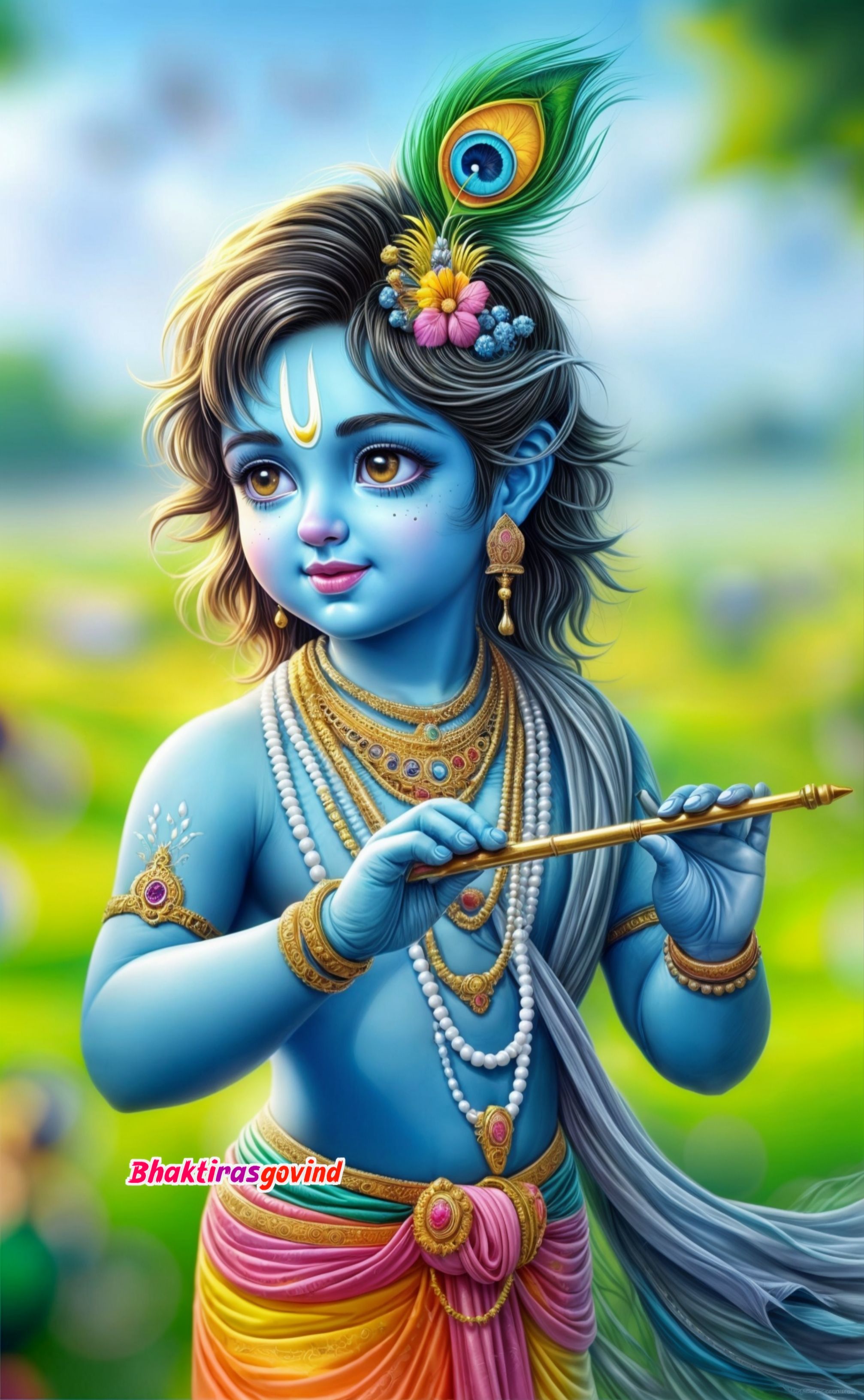 Baby Krishna playing a flute beautifully