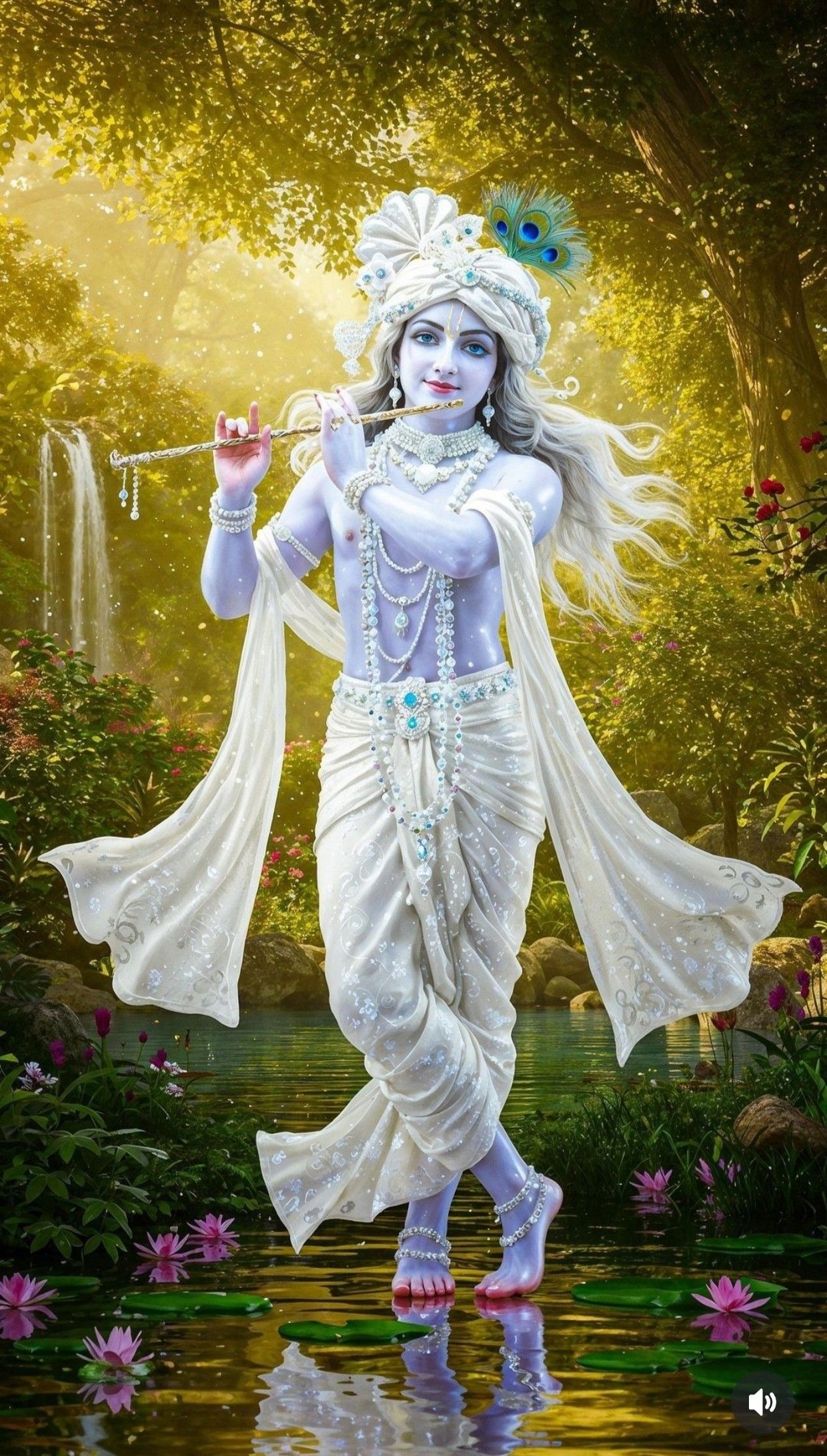 Krishna playing flute in forest