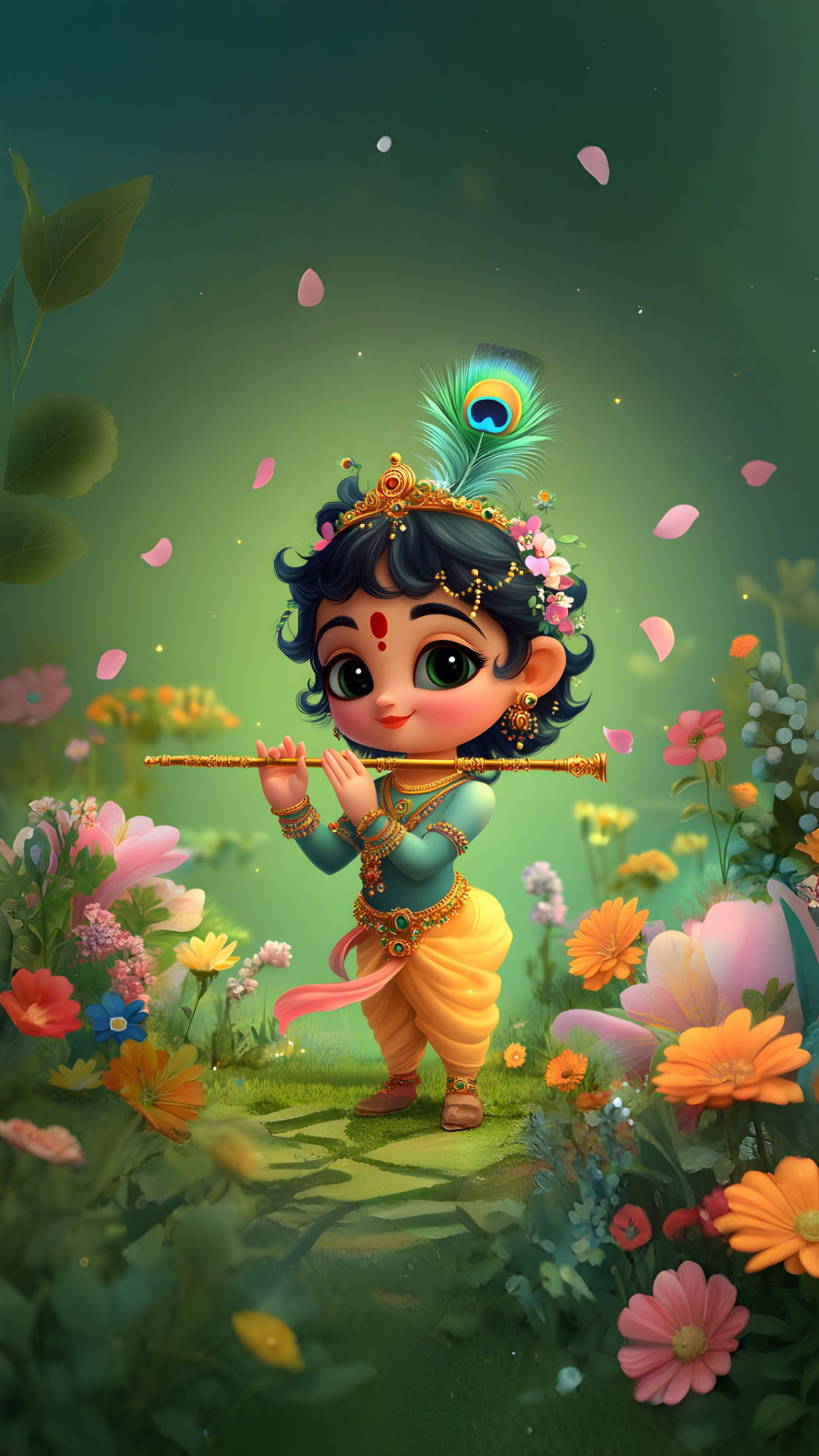 Little Krishna playing flute in garden
