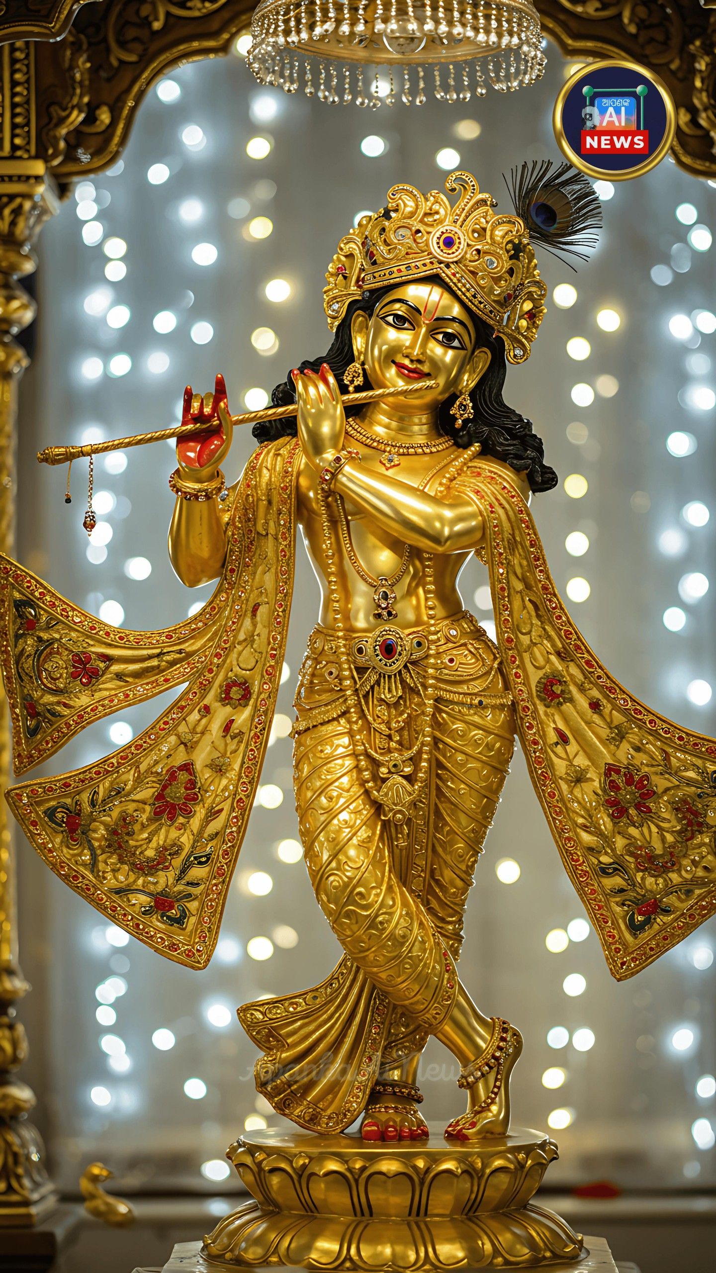 Lord Krishna playing a flute, golden statue