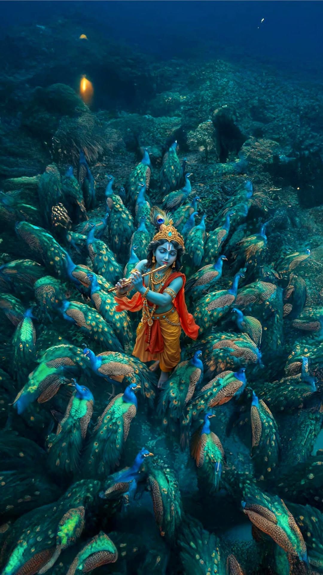 Krishna playing flute surrounded by peacocks