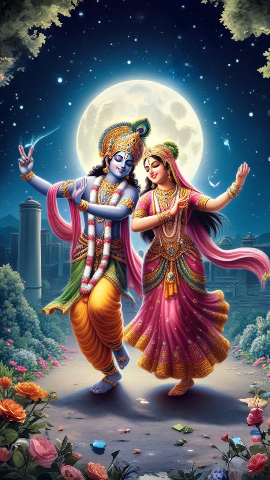 Krishna Radha dancing under full moon