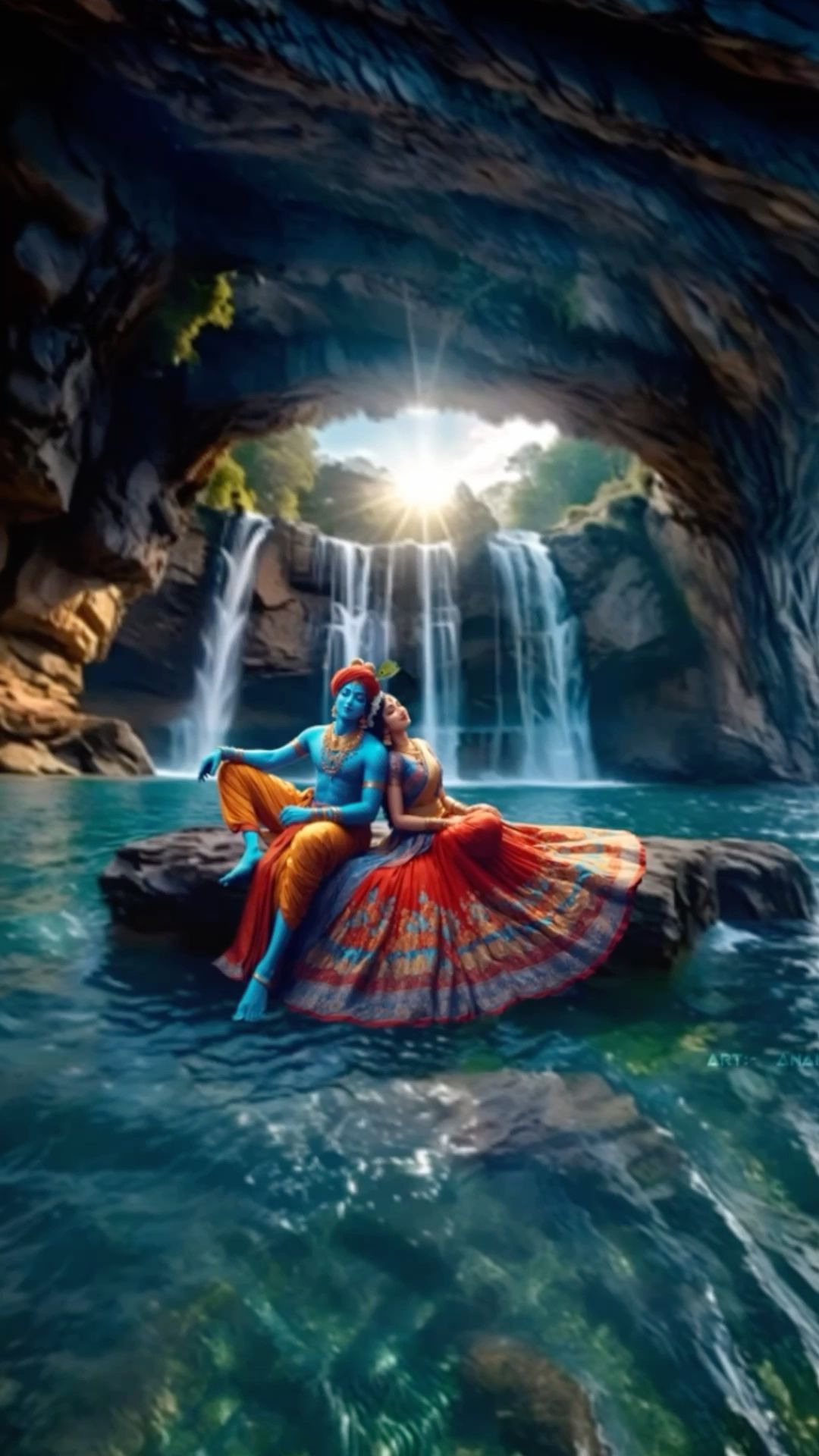 Radha and Krishna in a waterfall scene